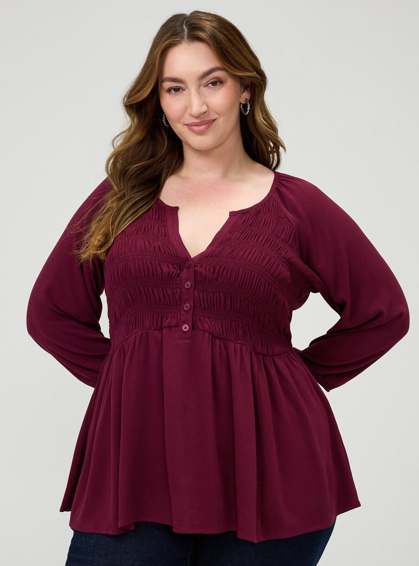 Plus Size Gauze Babydoll Henley 3/4 Sleeve, MAROON BANNER, hi-res