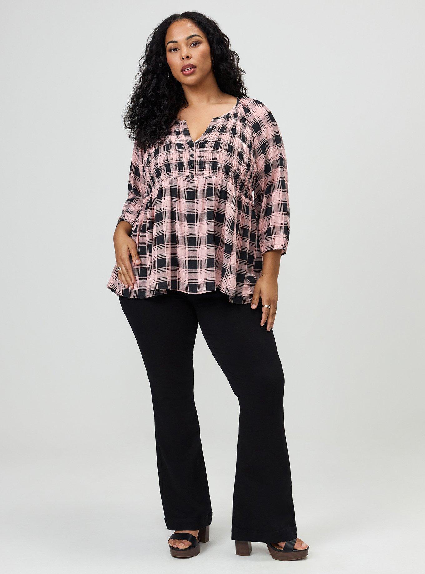 Plus Size Gauze Babydoll Henley 3/4 Sleeve, LOLLY PLAID PINK, alternate