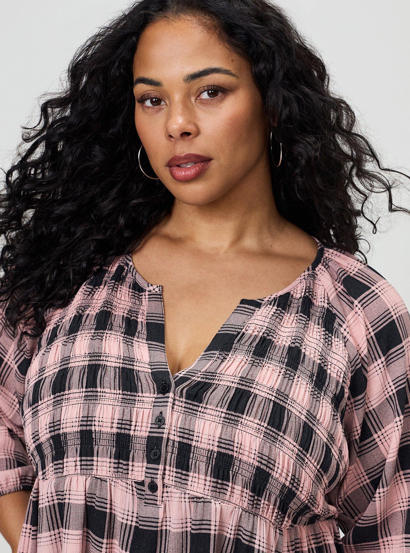 Plus Size Gauze Babydoll Henley 3/4 Sleeve, LOLLY PLAID PINK, alternate