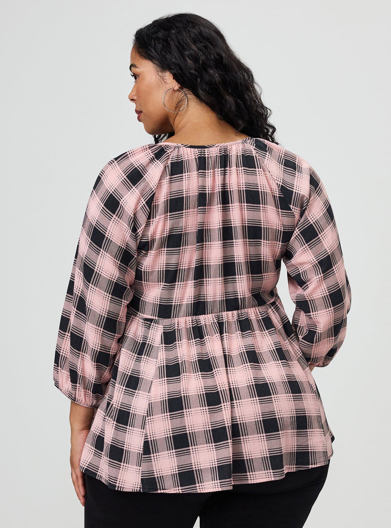 Plus Size Gauze Babydoll Henley 3/4 Sleeve, LOLLY PLAID PINK, alternate