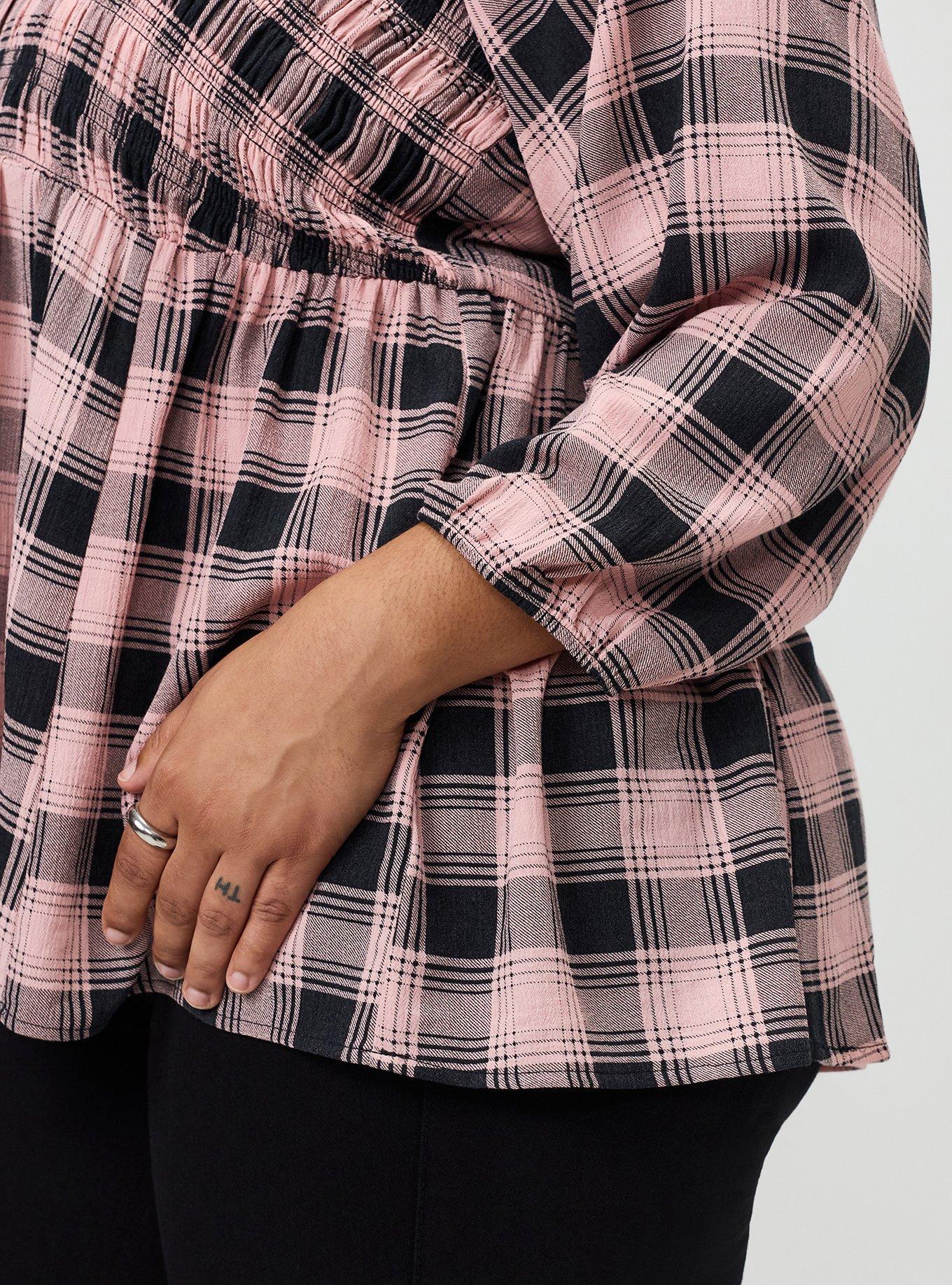 Plus Size Gauze Babydoll Henley 3/4 Sleeve, LOLLY PLAID PINK, alternate