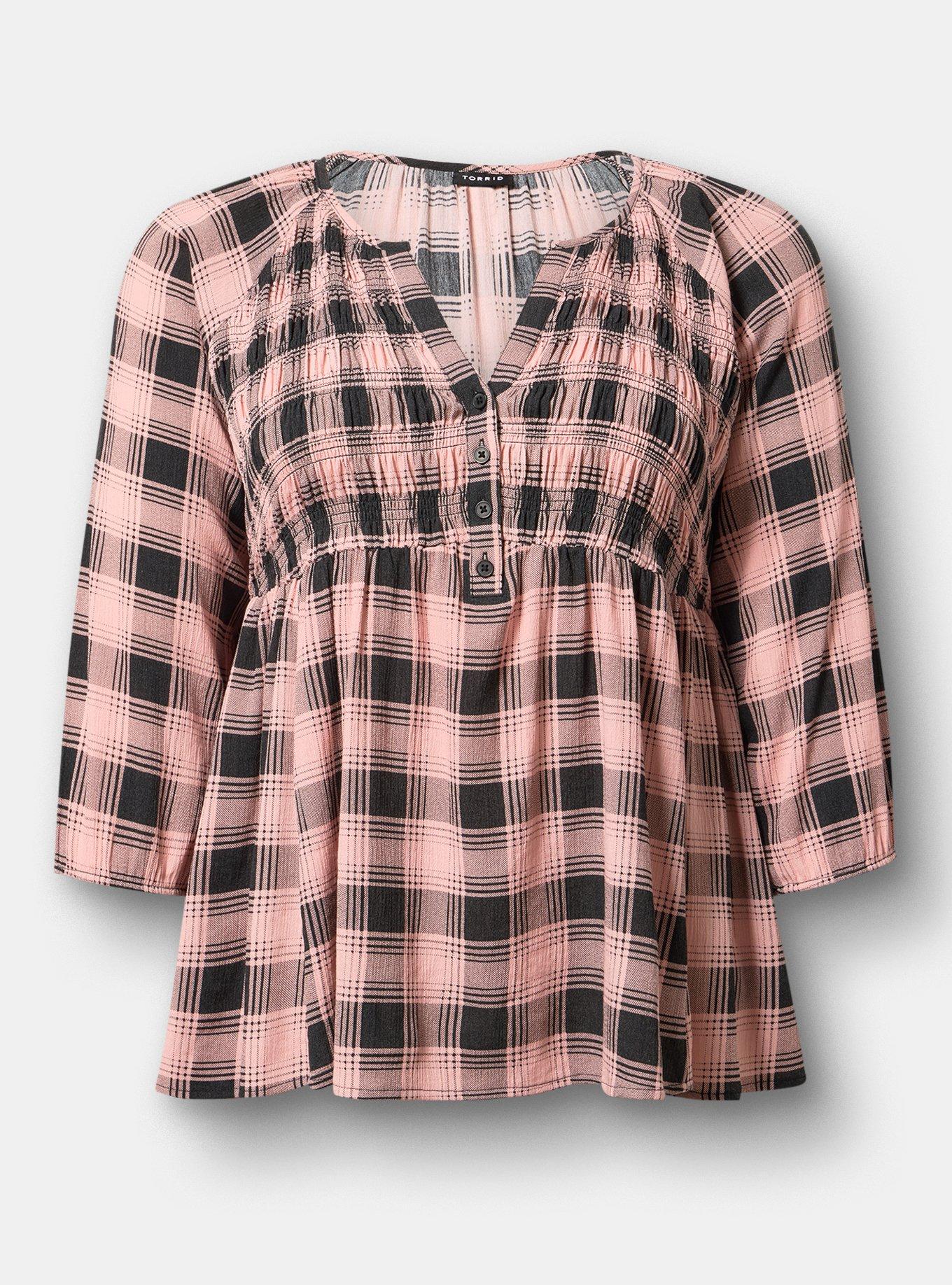 Plus Size Gauze Babydoll Henley 3/4 Sleeve, LOLLY PLAID PINK, hi-res