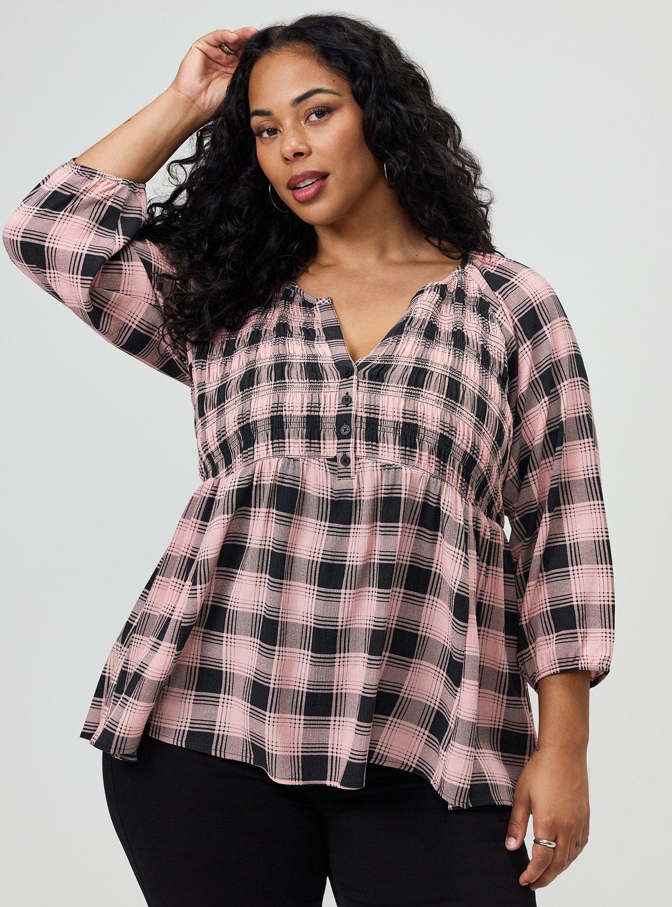 Plus Size Gauze Babydoll Henley 3/4 Sleeve, LOLLY PLAID PINK, hi-res