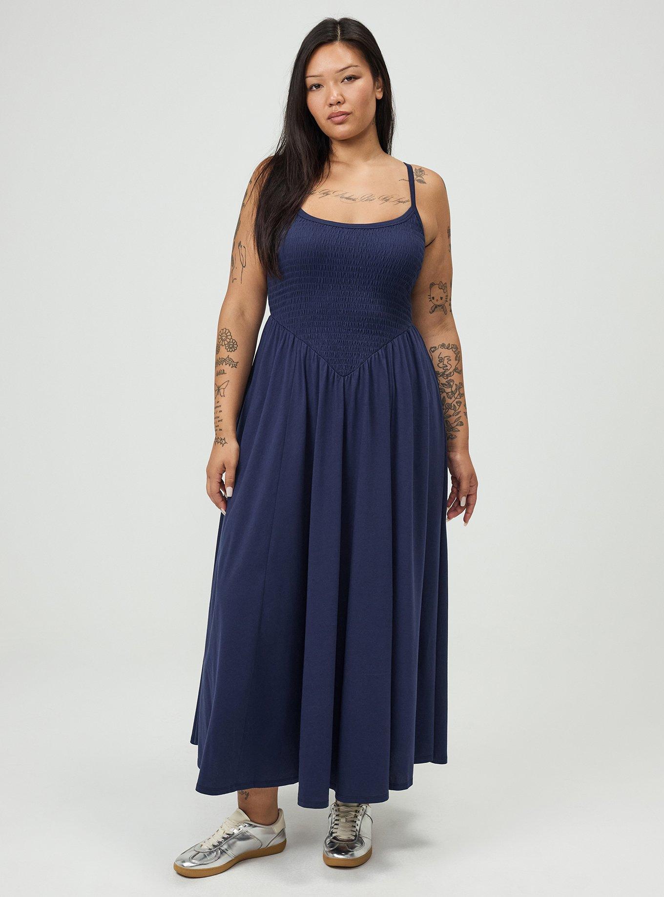 Smocked Bodice Maxi Dress, PEACOAT, hi-res