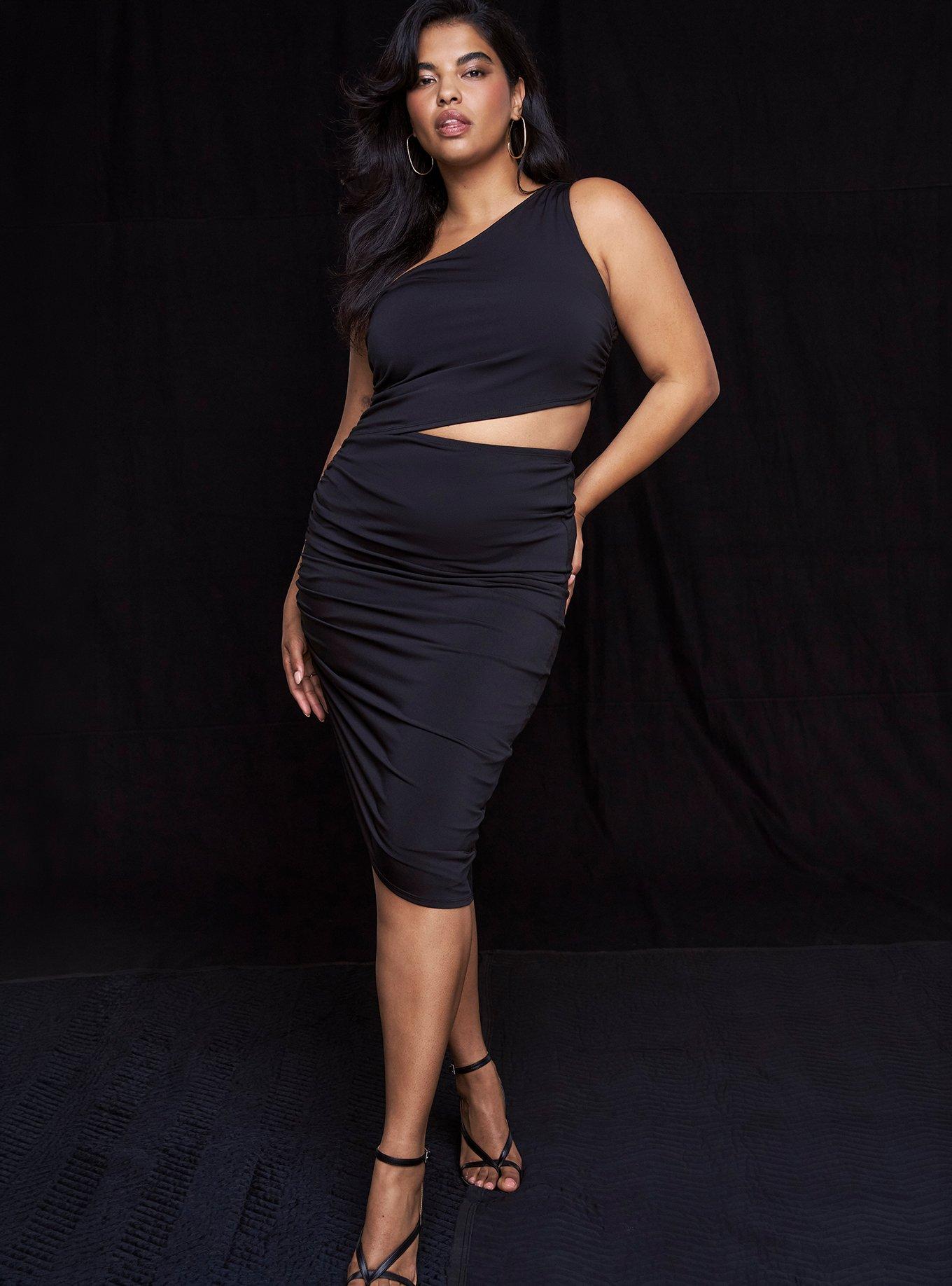 Studio One-Shoulder Cut-Out Midi Dress, DEEP BLACK, hi-res