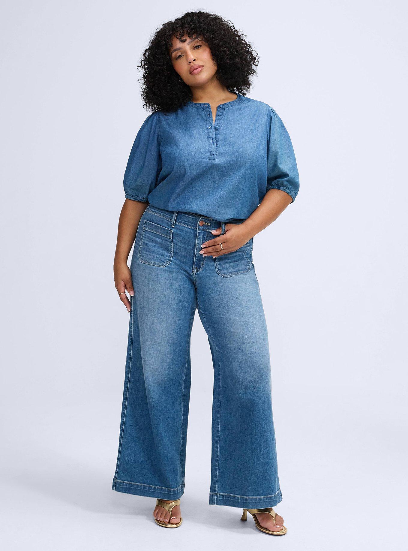 Belle Isle Puff Sleeve Button Down, MEDIUM WASH, alternate