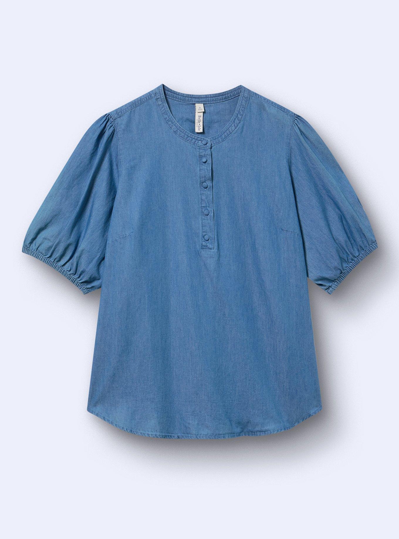 Belle Isle Puff Sleeve Button Down, MEDIUM WASH, flat