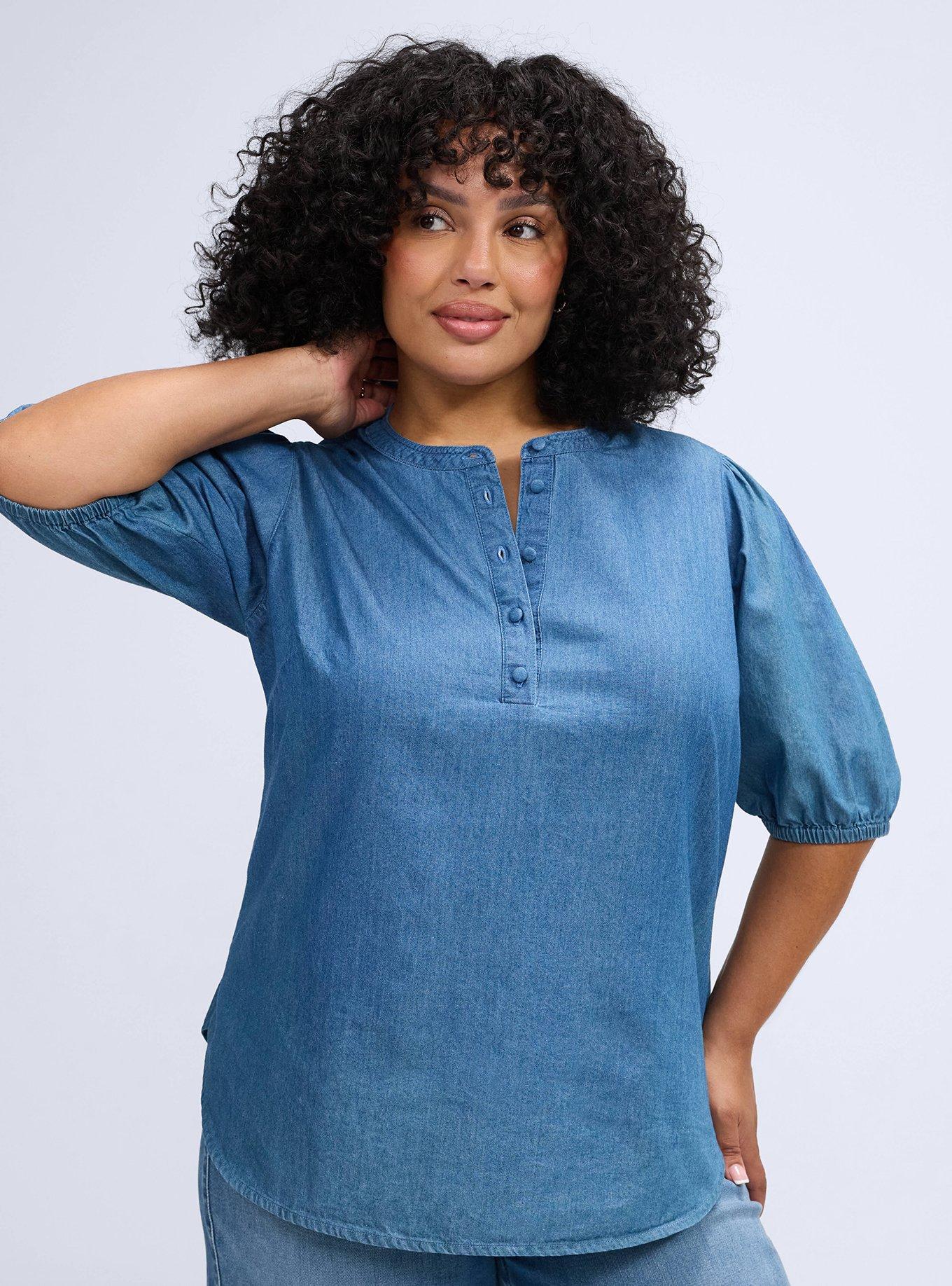 Belle Isle Puff Sleeve Button Down, MEDIUM WASH, hi-res
