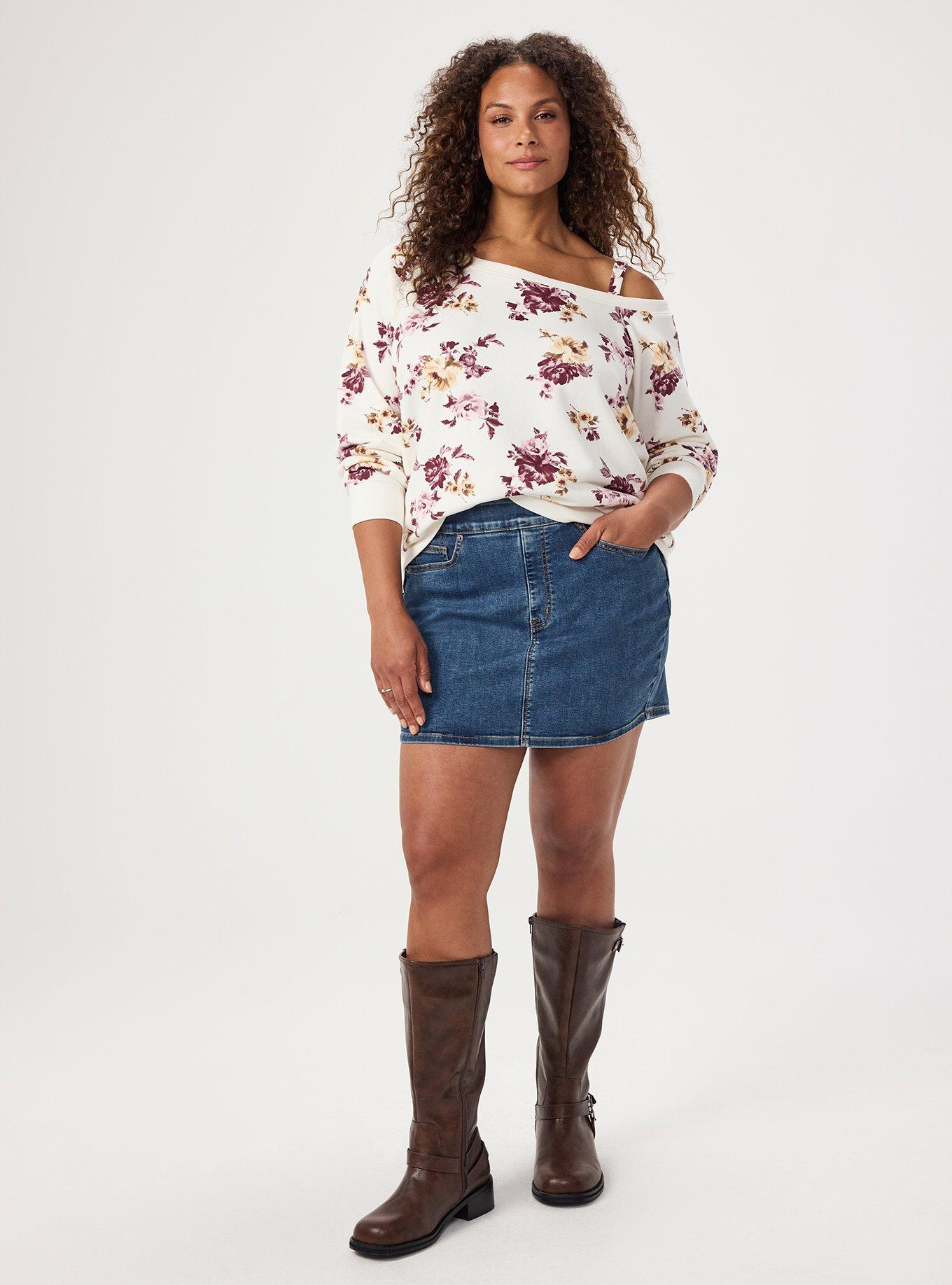 French Terry Off-Shoulder Sweatshirt, ROSEY LIGHT FLORAL IVORY, alternate