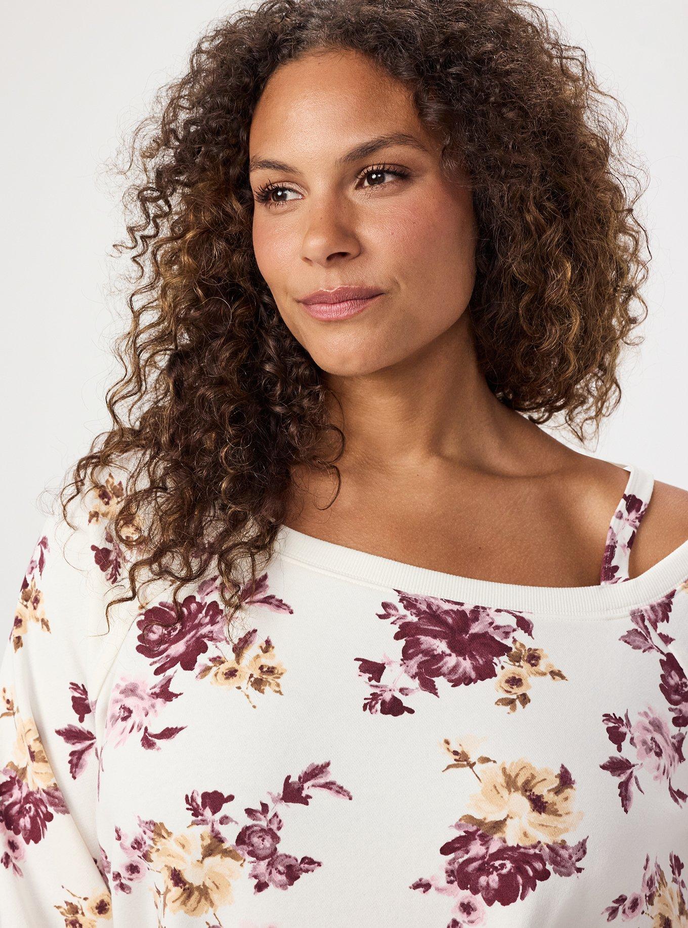 French Terry Off-Shoulder Sweatshirt, ROSEY LIGHT FLORAL IVORY, alternate