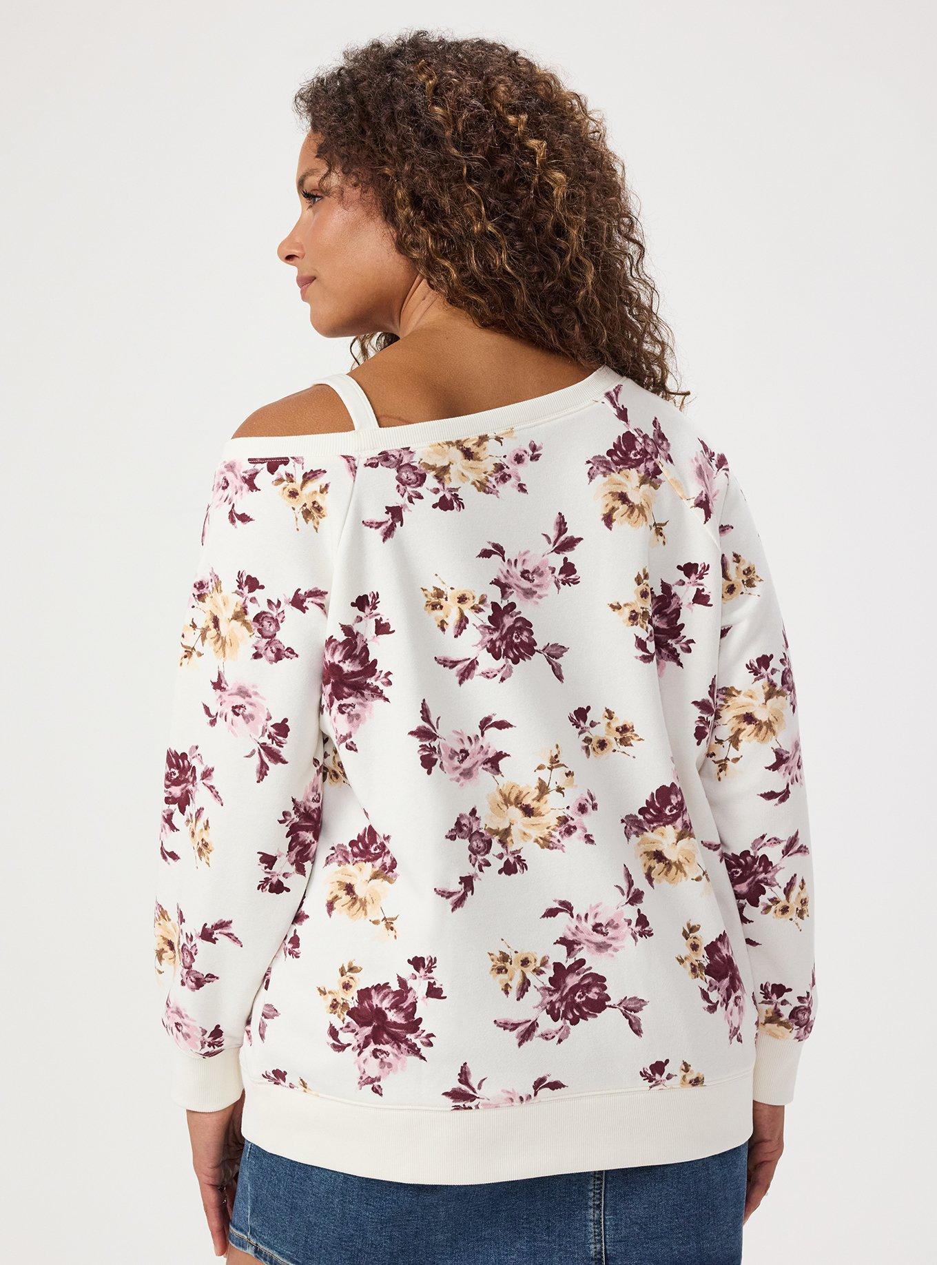 French Terry Off-Shoulder Sweatshirt, ROSEY LIGHT FLORAL IVORY, alternate