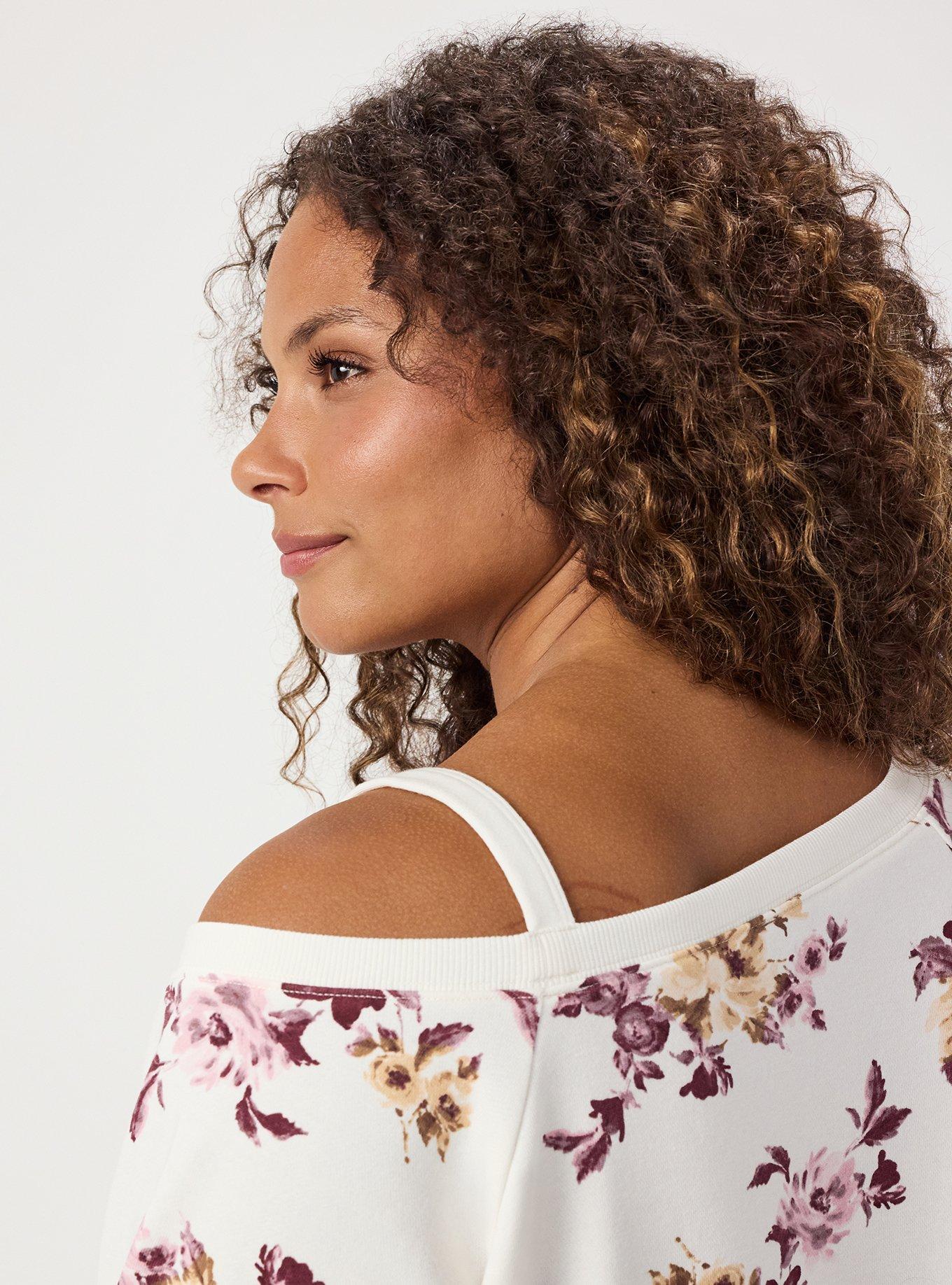 French Terry Off-Shoulder Sweatshirt, ROSEY LIGHT FLORAL IVORY, alternate