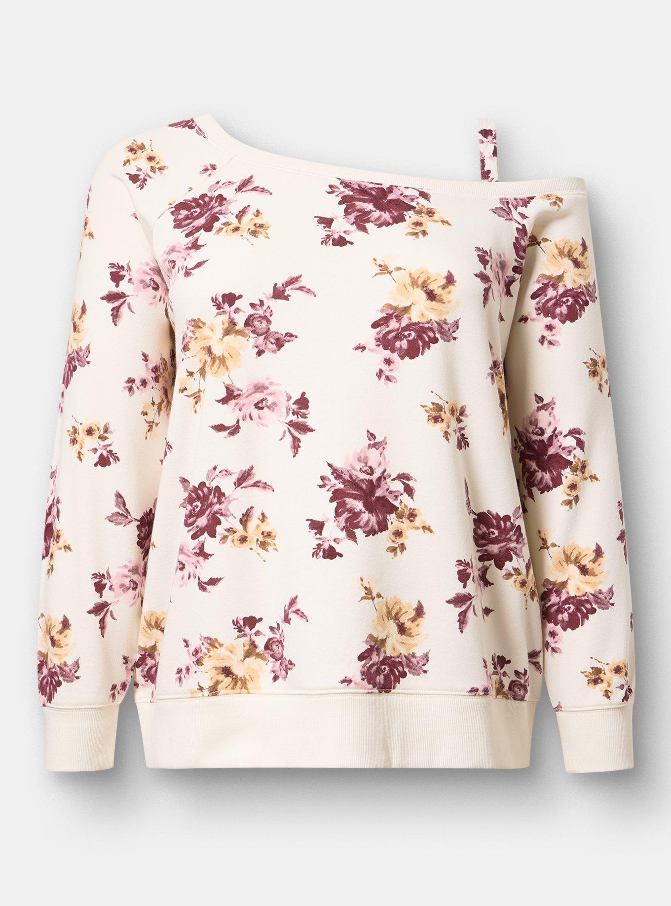 French Terry Off-Shoulder Sweatshirt, ROSEY LIGHT FLORAL IVORY, flat