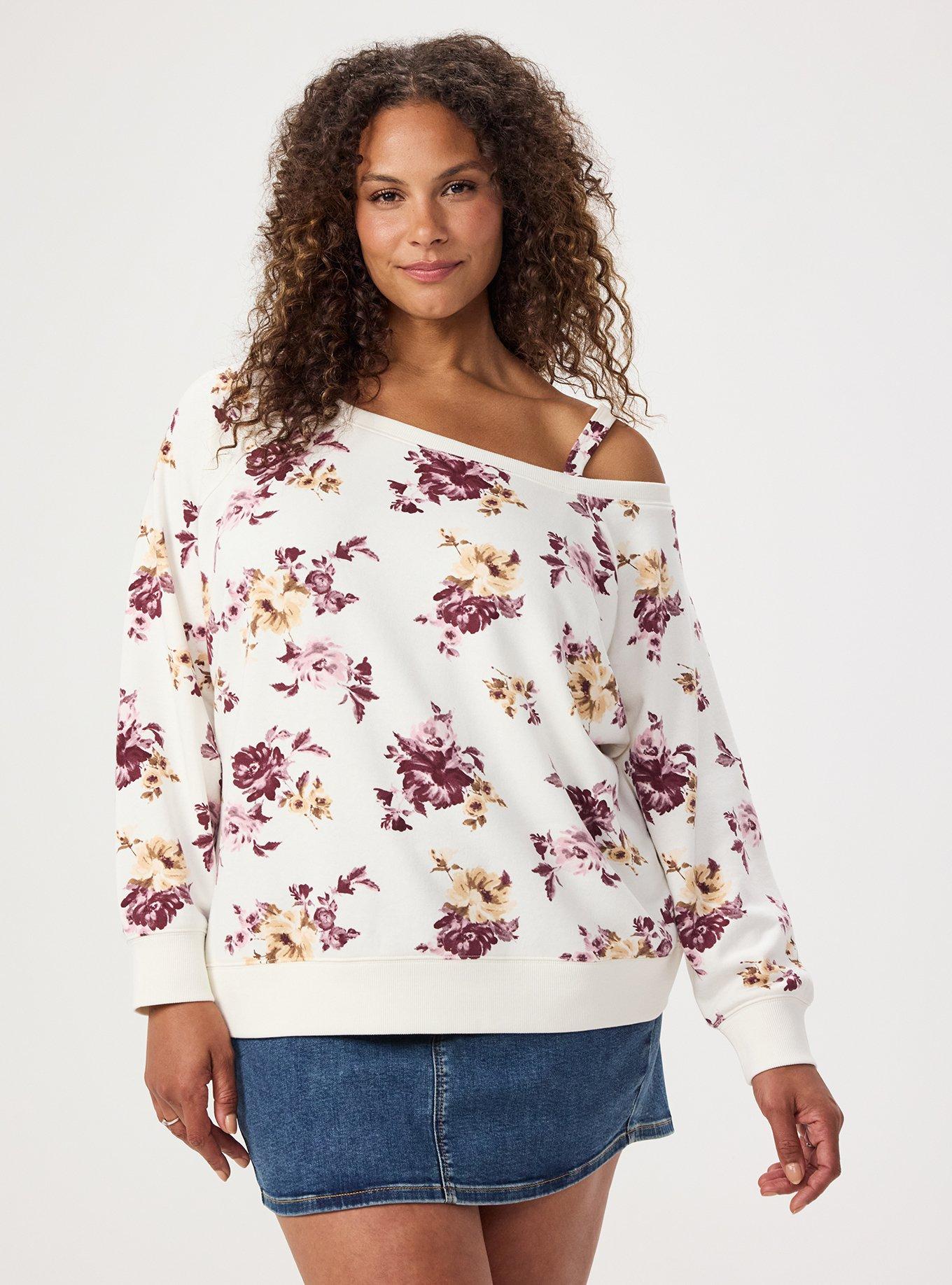 French Terry Off-Shoulder Sweatshirt, ROSEY LIGHT FLORAL IVORY, hi-res