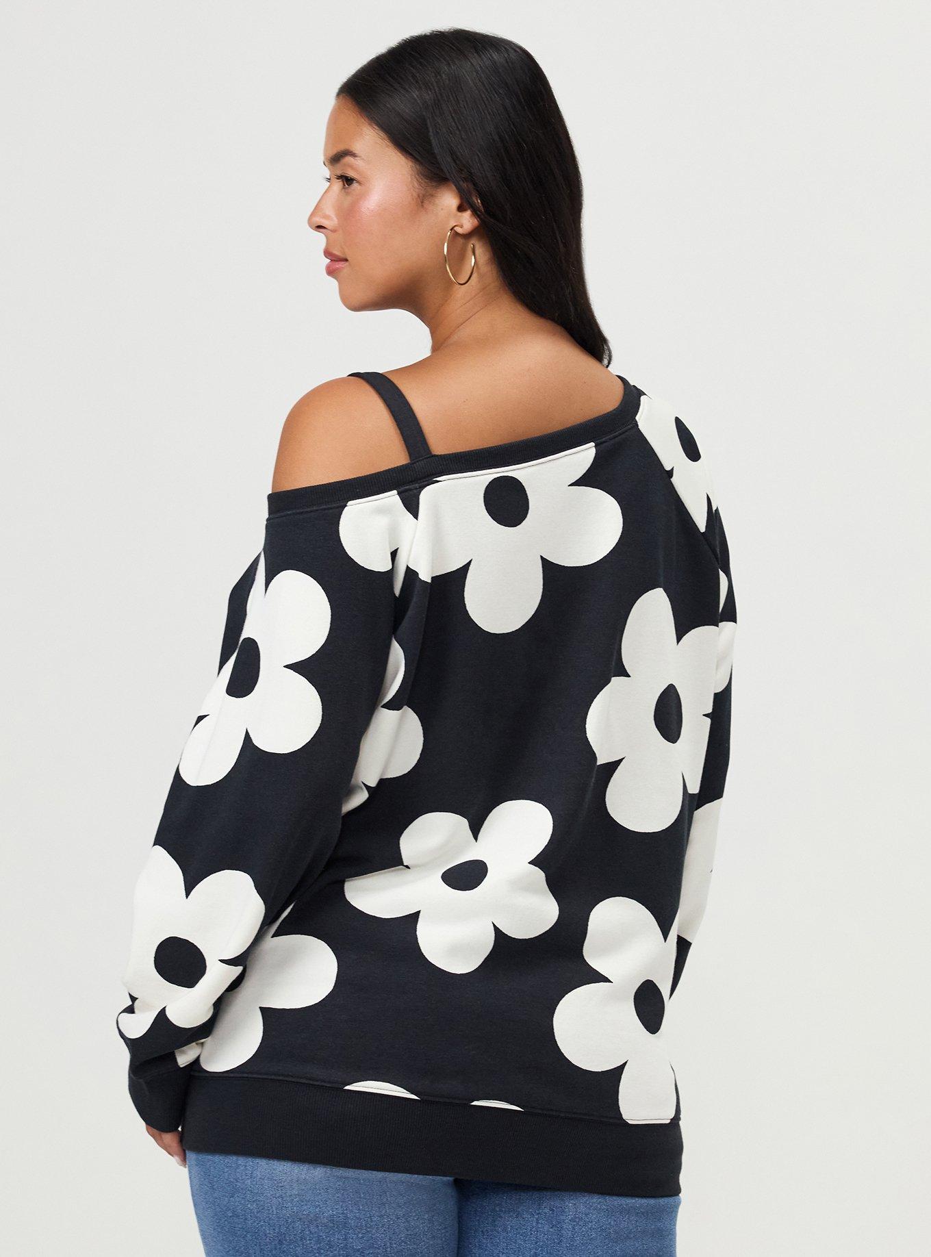 French Terry Off-Shoulder Sweatshirt, NAIVE FLORAL BLACK, alternate