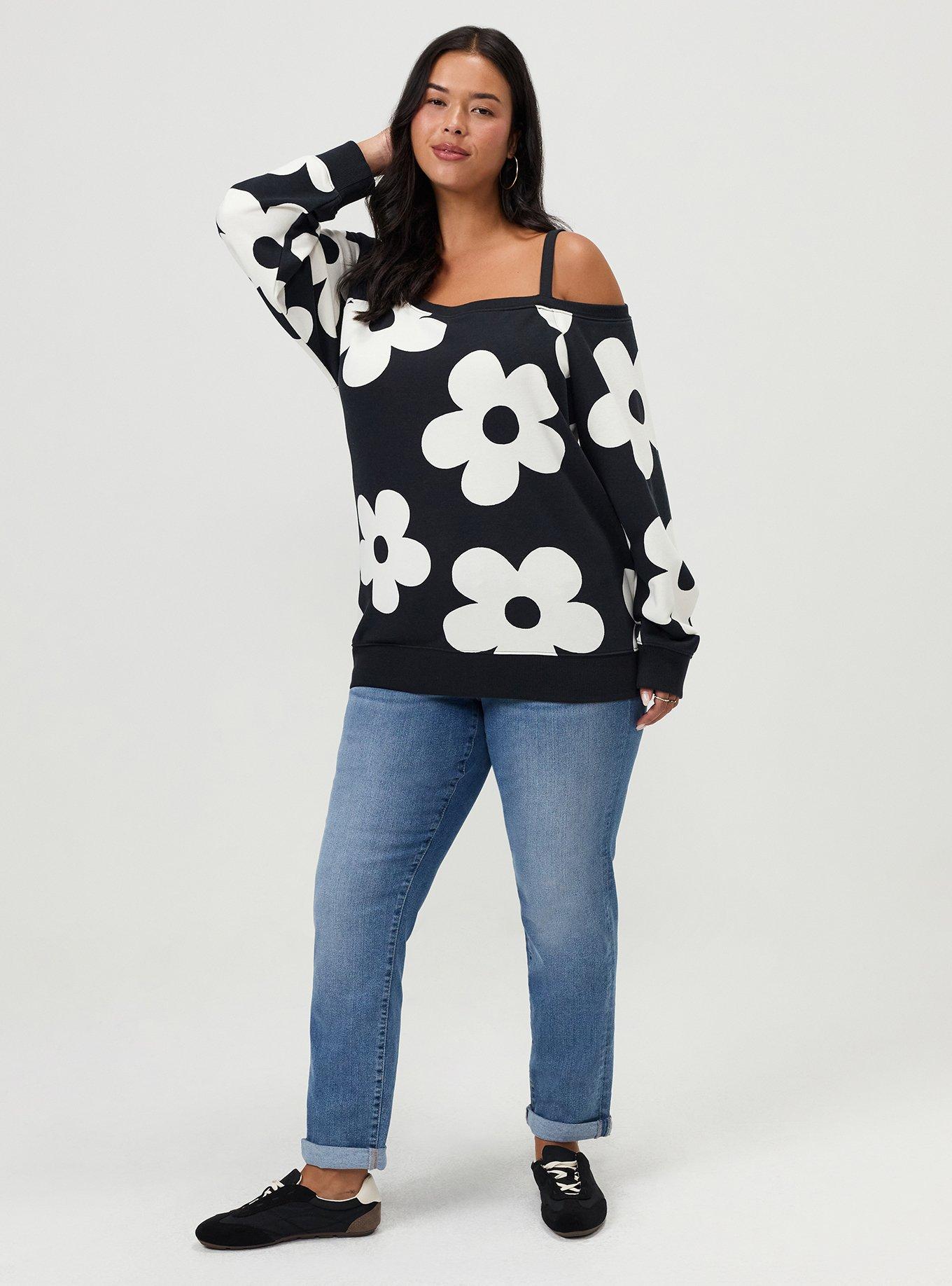 French Terry Off-Shoulder Sweatshirt, NAIVE FLORAL BLACK, alternate