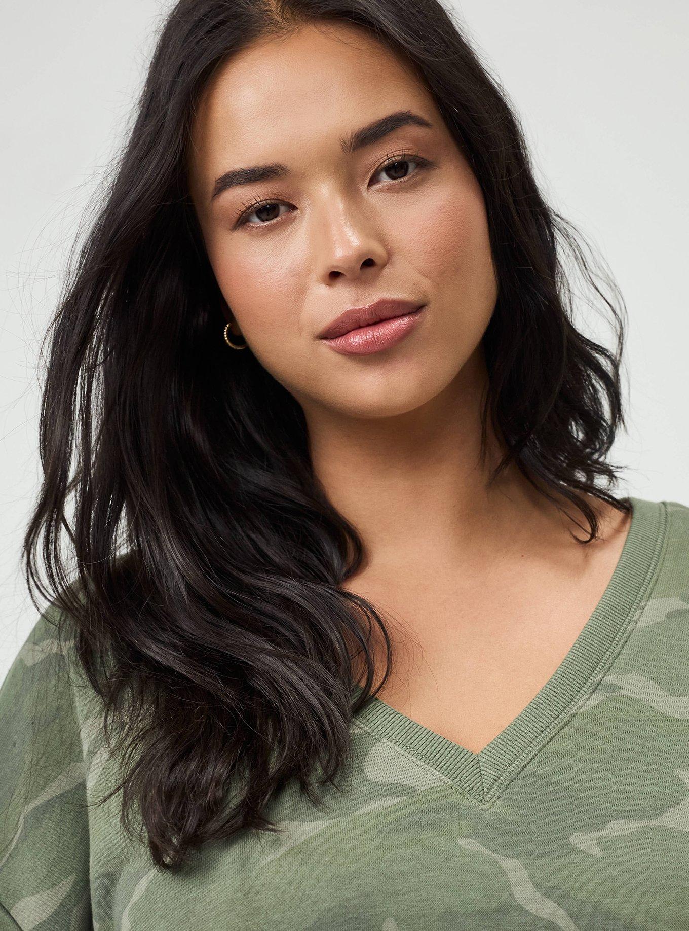 Plus Size French Terry V-Neck Modern Sweatshirt, CAMO CADET, alternate