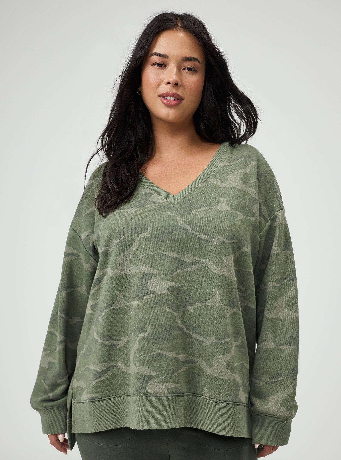 Plus Size French Terry V-Neck Modern Sweatshirt, CAMO CADET, hi-res