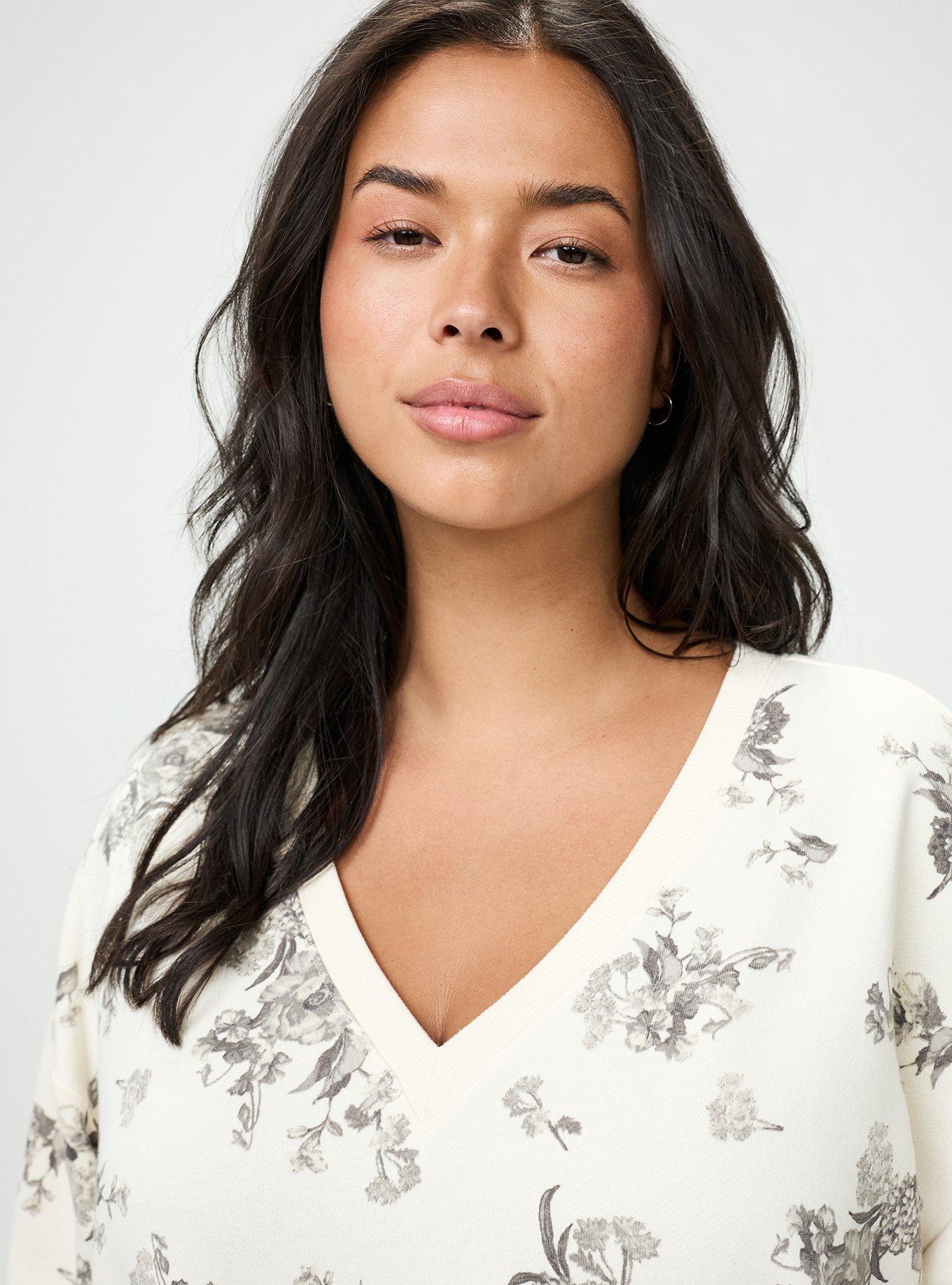 French Terry V-Neck Modern Sweatshirt, WINTER BOUQUET FLORAL IVORY, alternate