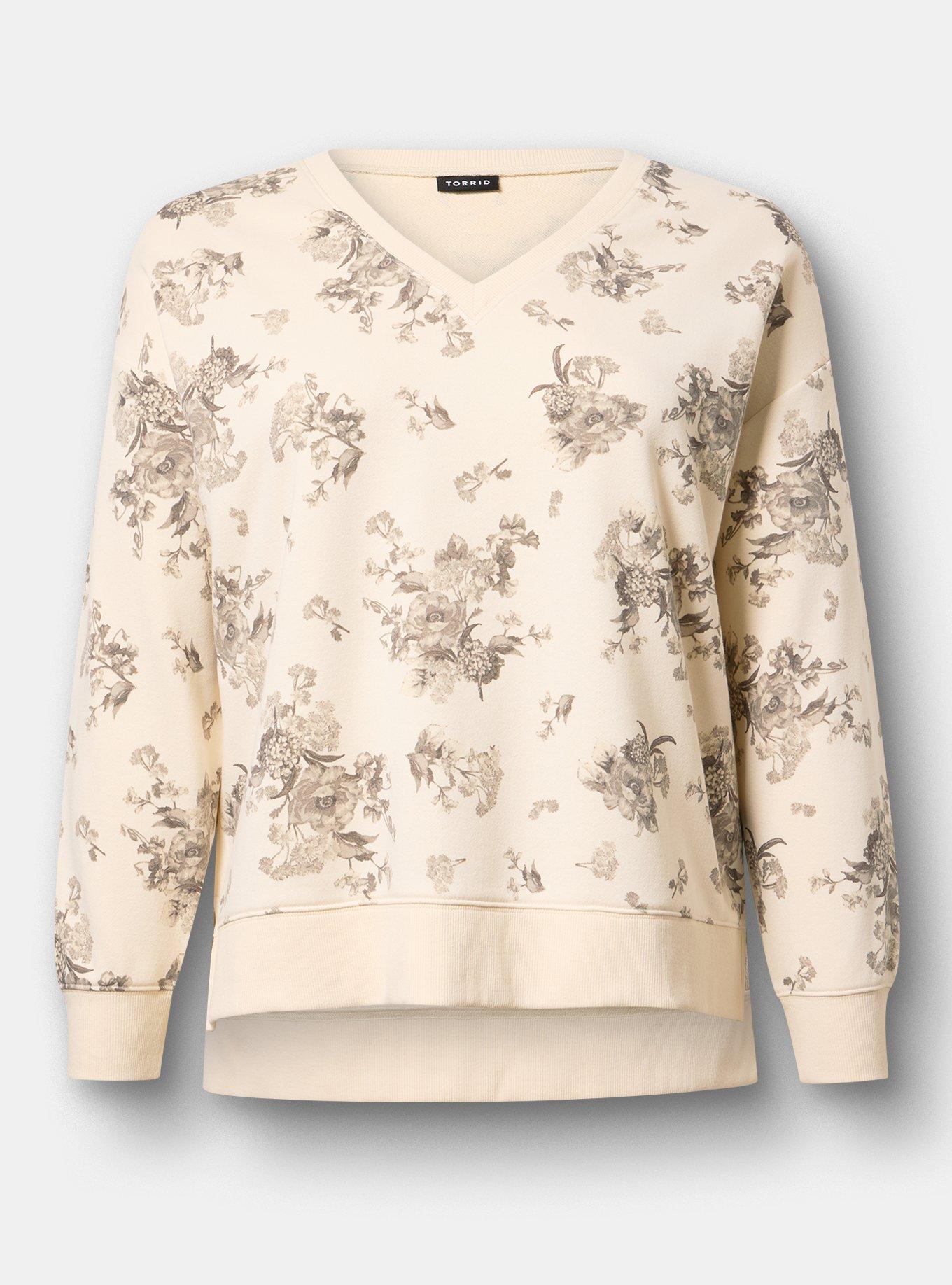 French Terry V-Neck Modern Sweatshirt, WINTER BOUQUET FLORAL IVORY, hi-res