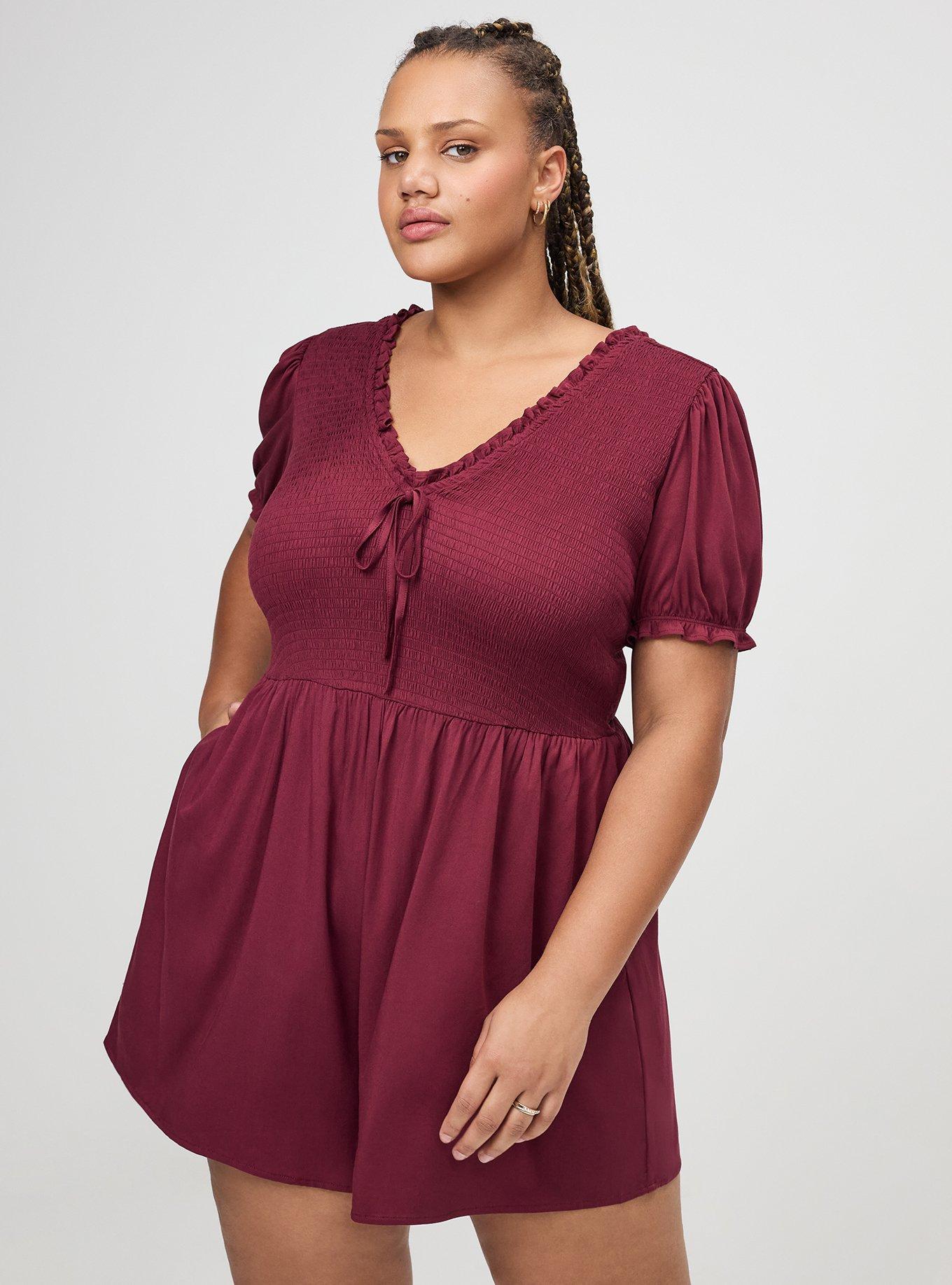 V-Neck Smocked Bodice Romper, MAROON BANNER, alternate