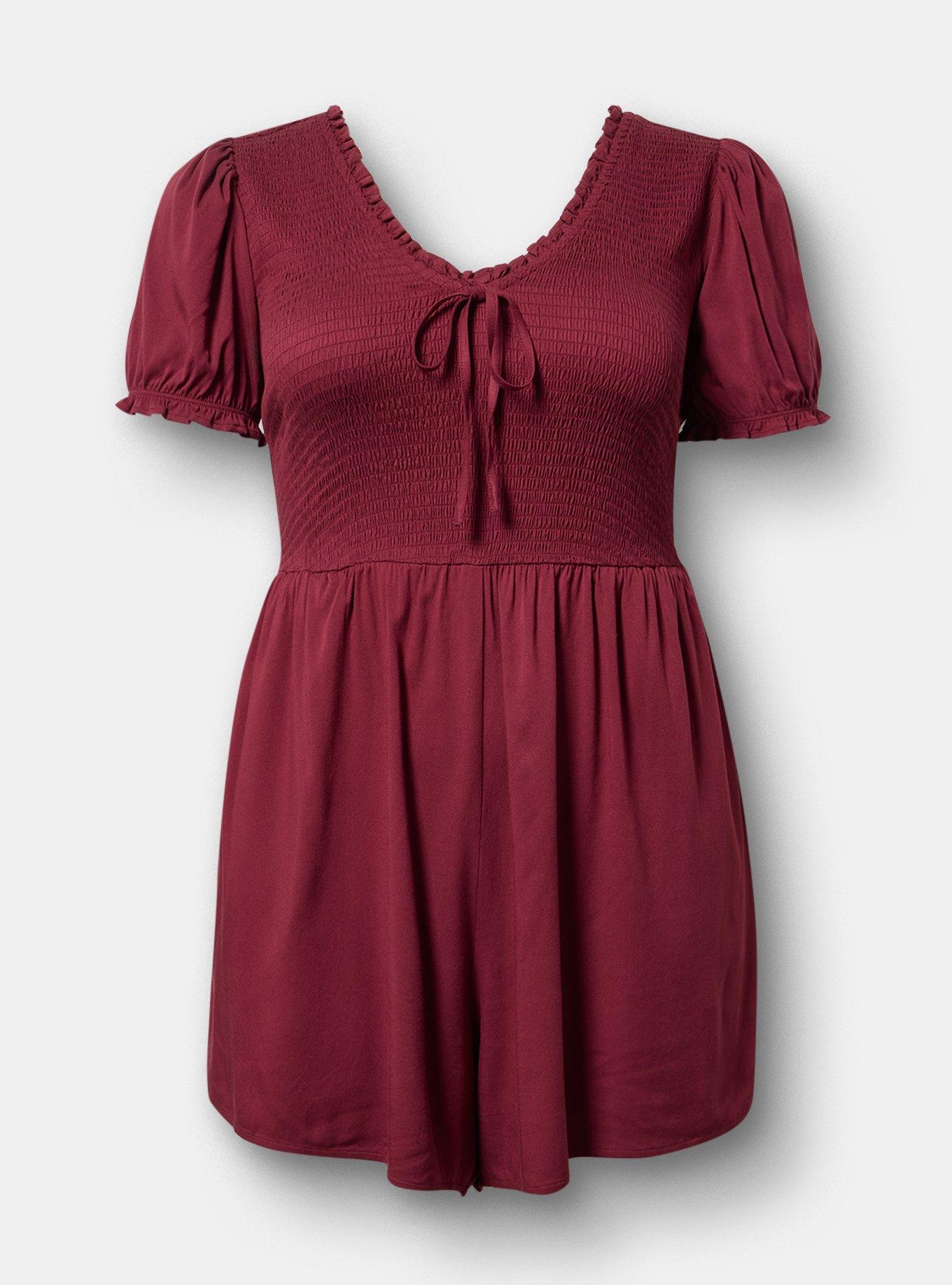 V-Neck Smocked Bodice Romper, MAROON BANNER, flat