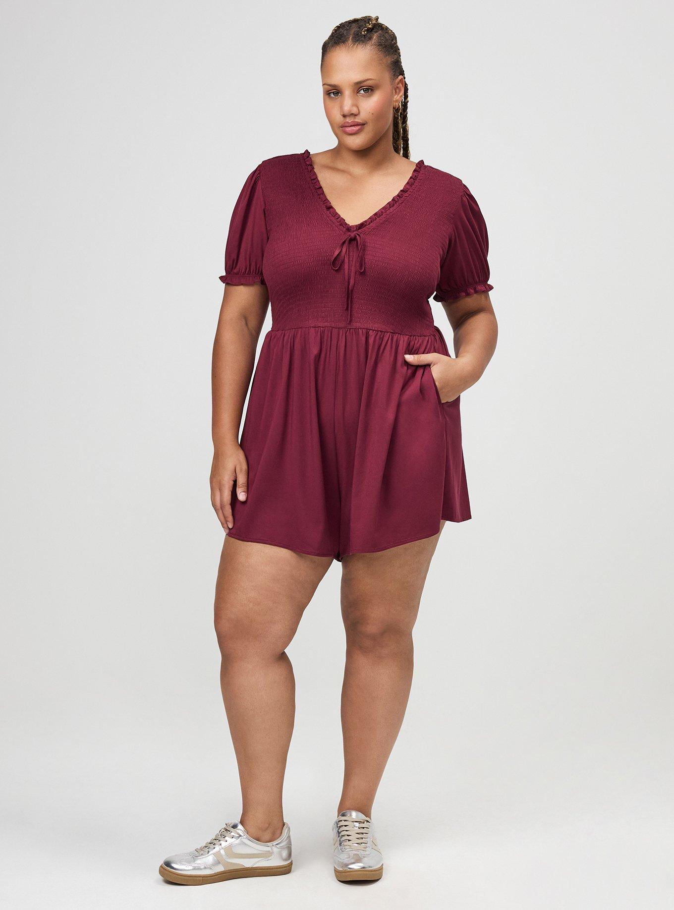 V-Neck Smocked Bodice Romper, MAROON BANNER, hi-res