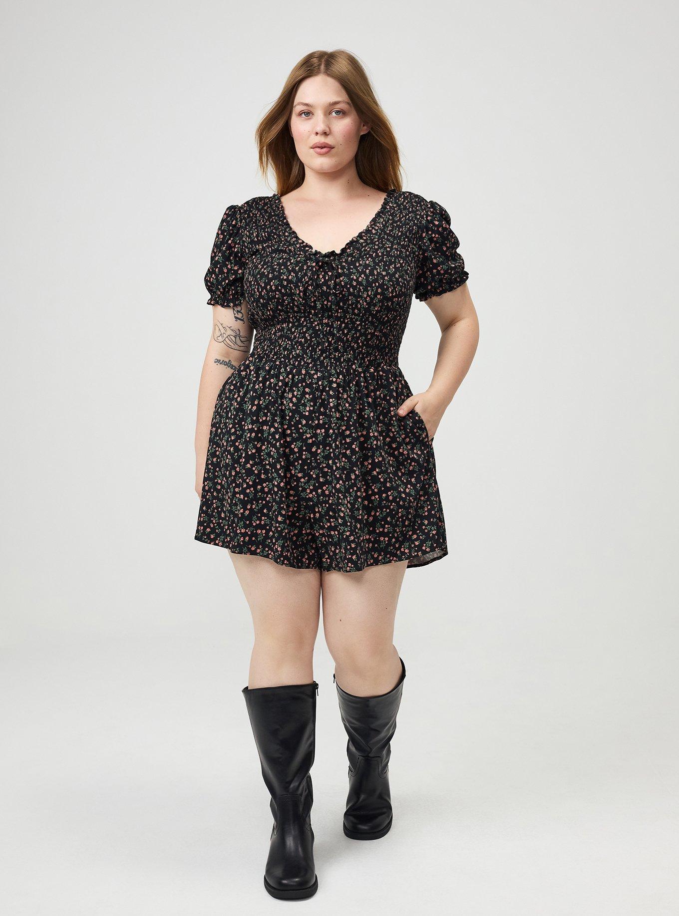 V-Neck Smocked Bodice Romper, ALISON DITSY FLORAL BLACK, alternate