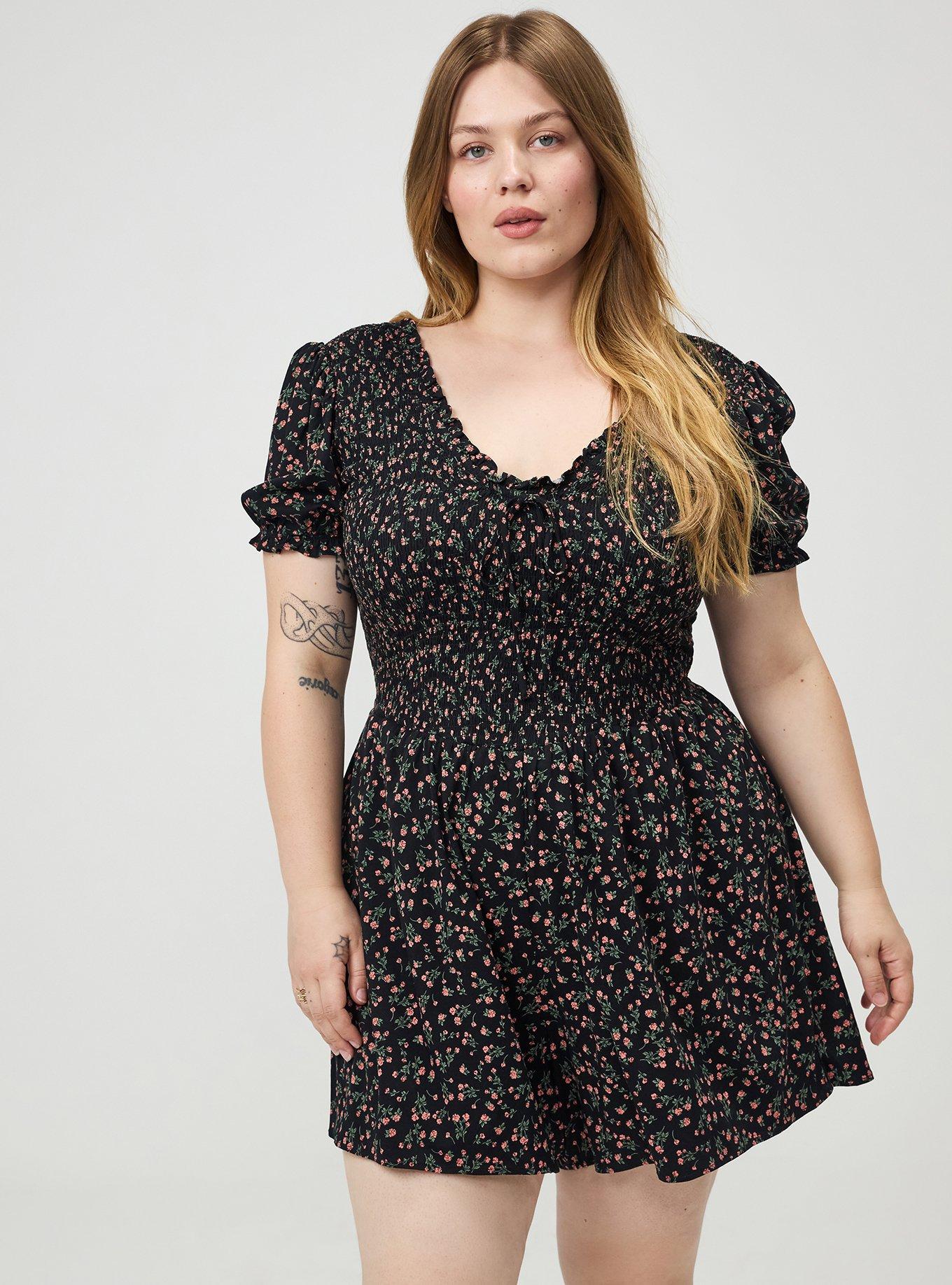 V-Neck Smocked Bodice Romper, ALISON DITSY FLORAL BLACK, alternate