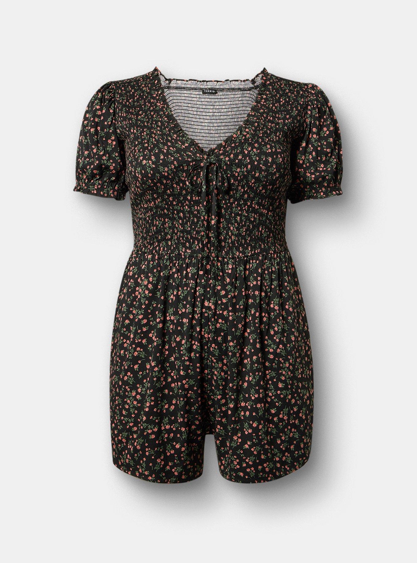 V-Neck Smocked Bodice Romper, ALISON DITSY FLORAL BLACK, flat