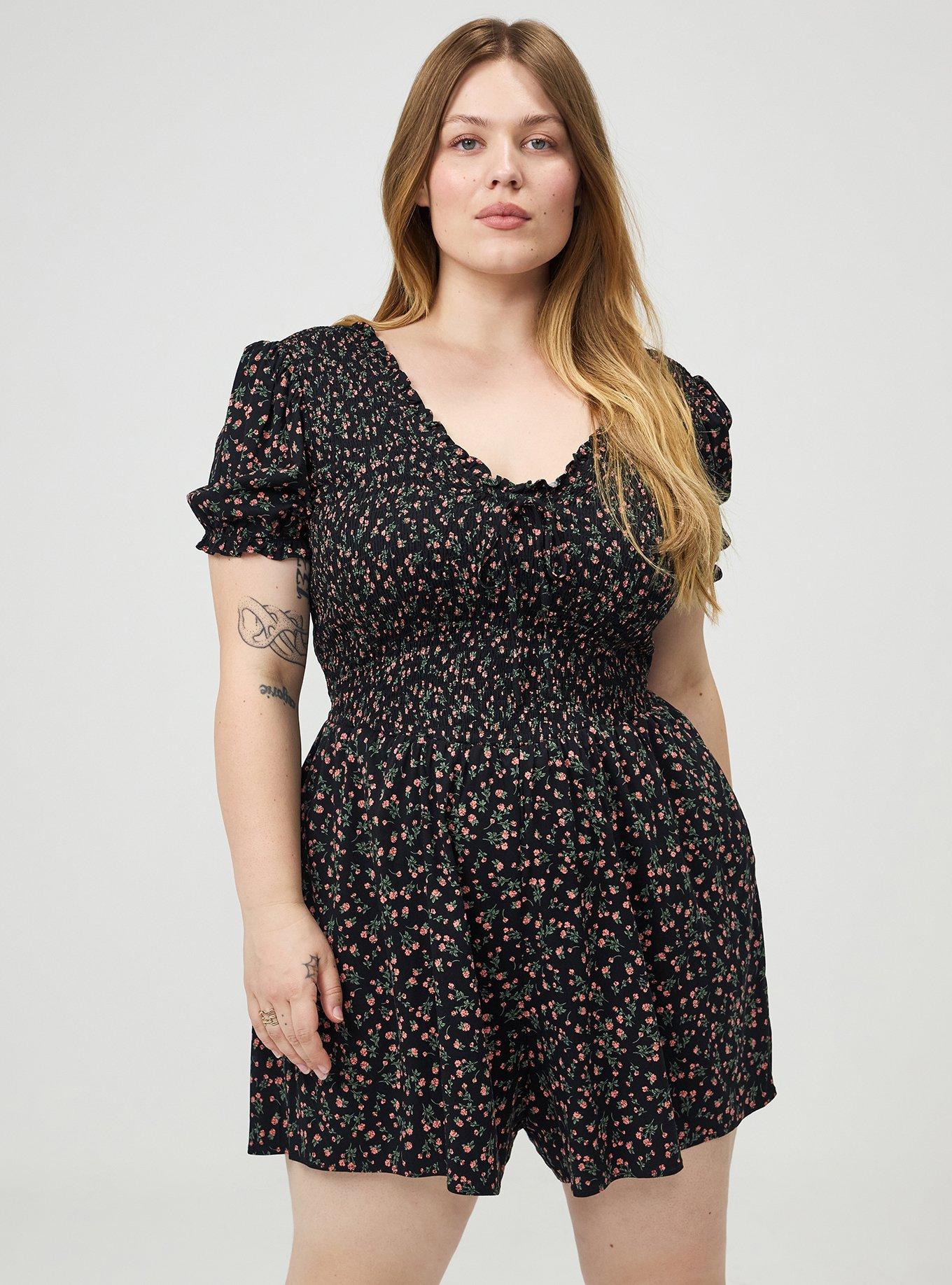 V-Neck Smocked Bodice Romper, ALISON DITSY FLORAL BLACK, hi-res