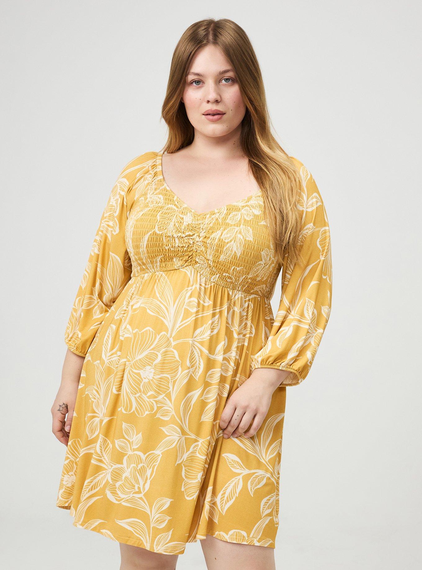 plus size yellow dress with sleeves Elena Ruffle Smocked Dress AOMEI Plus Size Yellow Pleated
