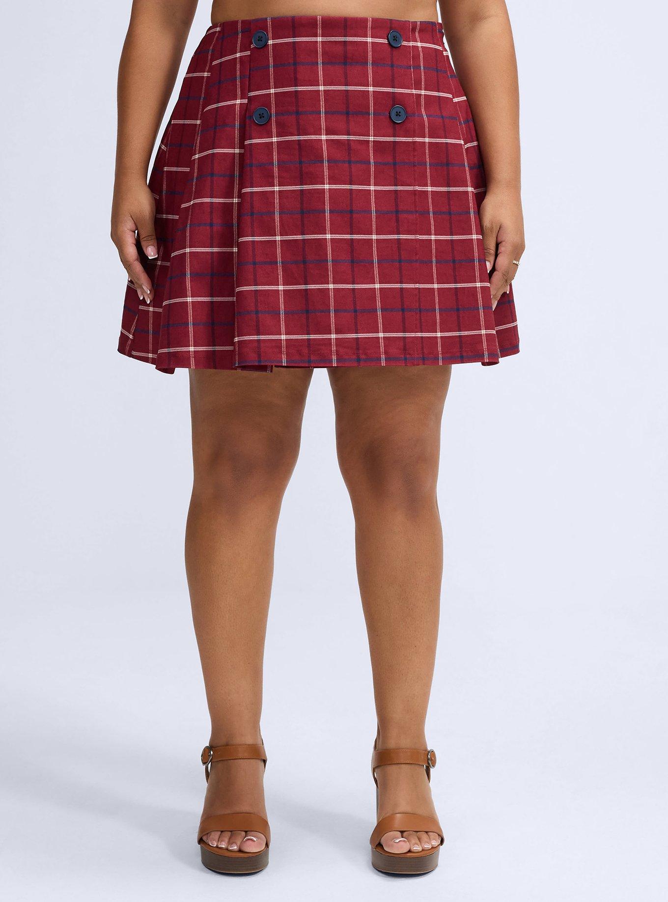 Plus Size Belle Isle Button Front Pleated Skort, BONNIE PLAID BURGUNDY, alternate