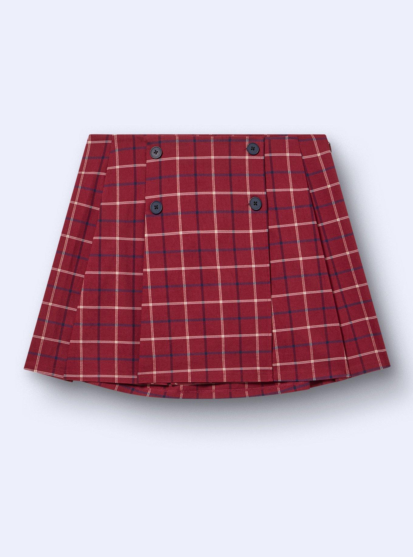 Belle Isle Button Front Pleated Skort, BONNIE PLAID BURGUNDY, flat