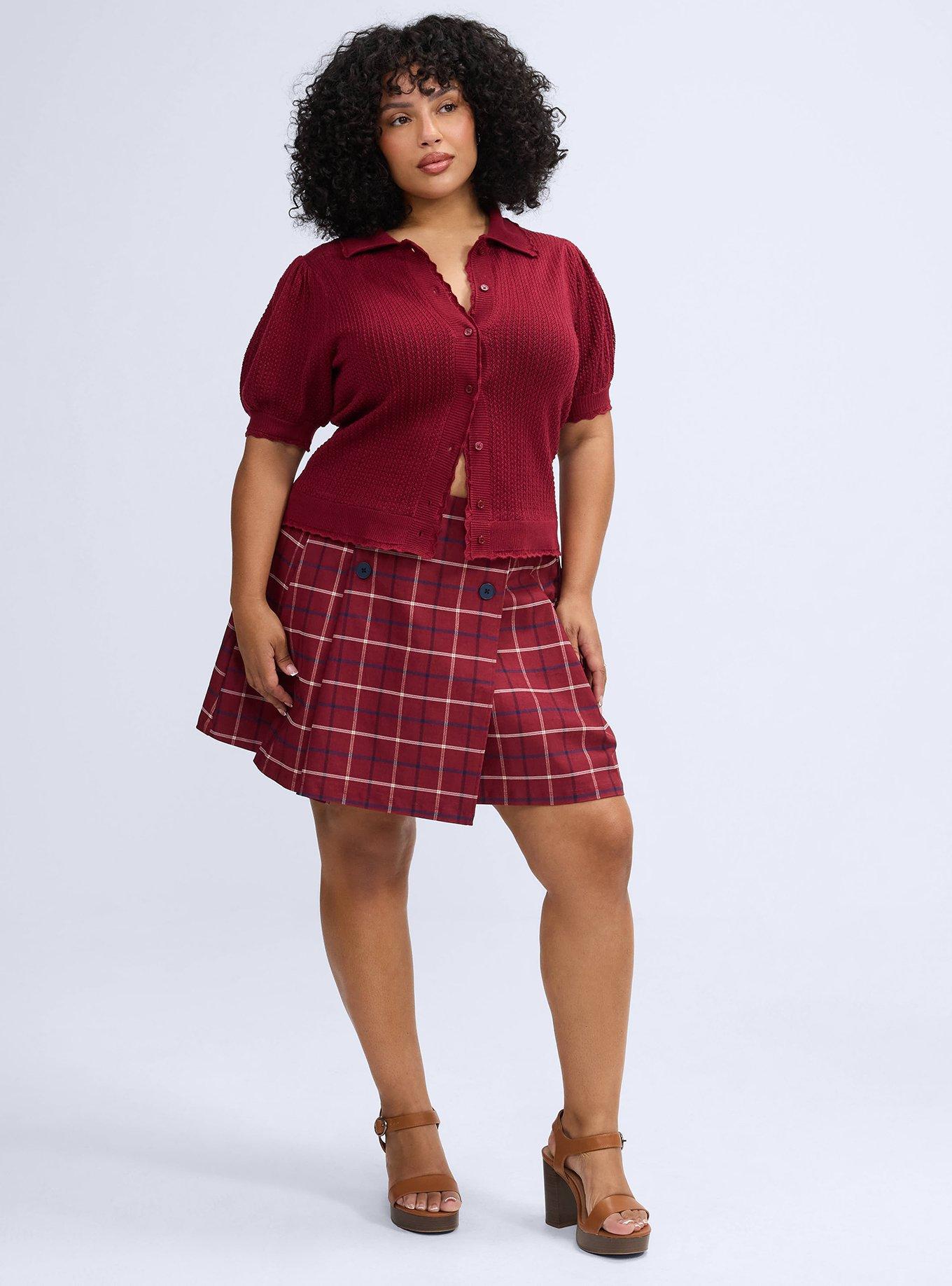 Plus Size Belle Isle Button Front Pleated Skort, BONNIE PLAID BURGUNDY, hi-res
