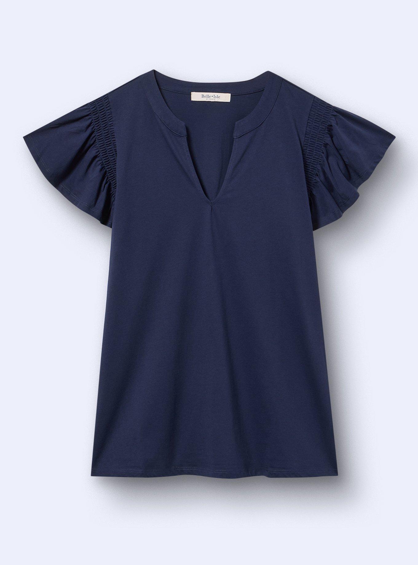 Belle Isle Split Neck Flutter Sleeve Tee, PEACOAT, flat