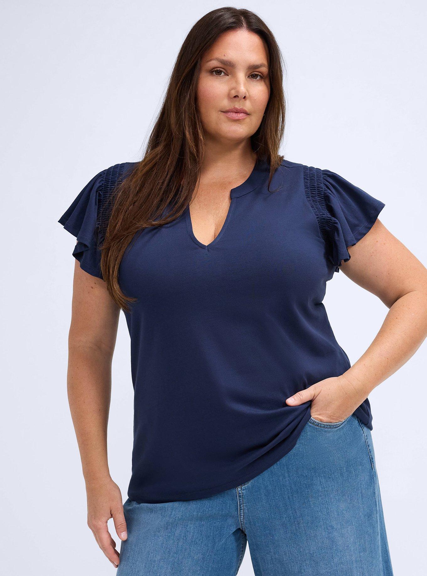 Belle Isle Split Neck Flutter Sleeve Tee, PEACOAT, hi-res