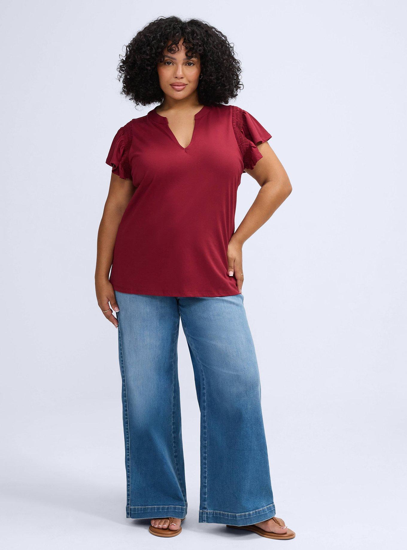 Belle Isle Split Neck Flutter Sleeve Tee, TIBETAN RED, alternate