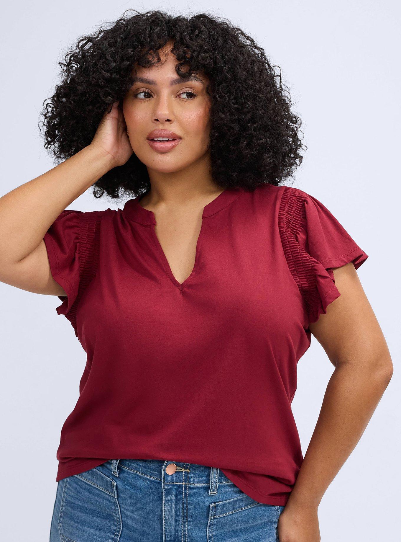 Belle Isle Split Neck Flutter Sleeve Tee, TIBETAN RED, alternate