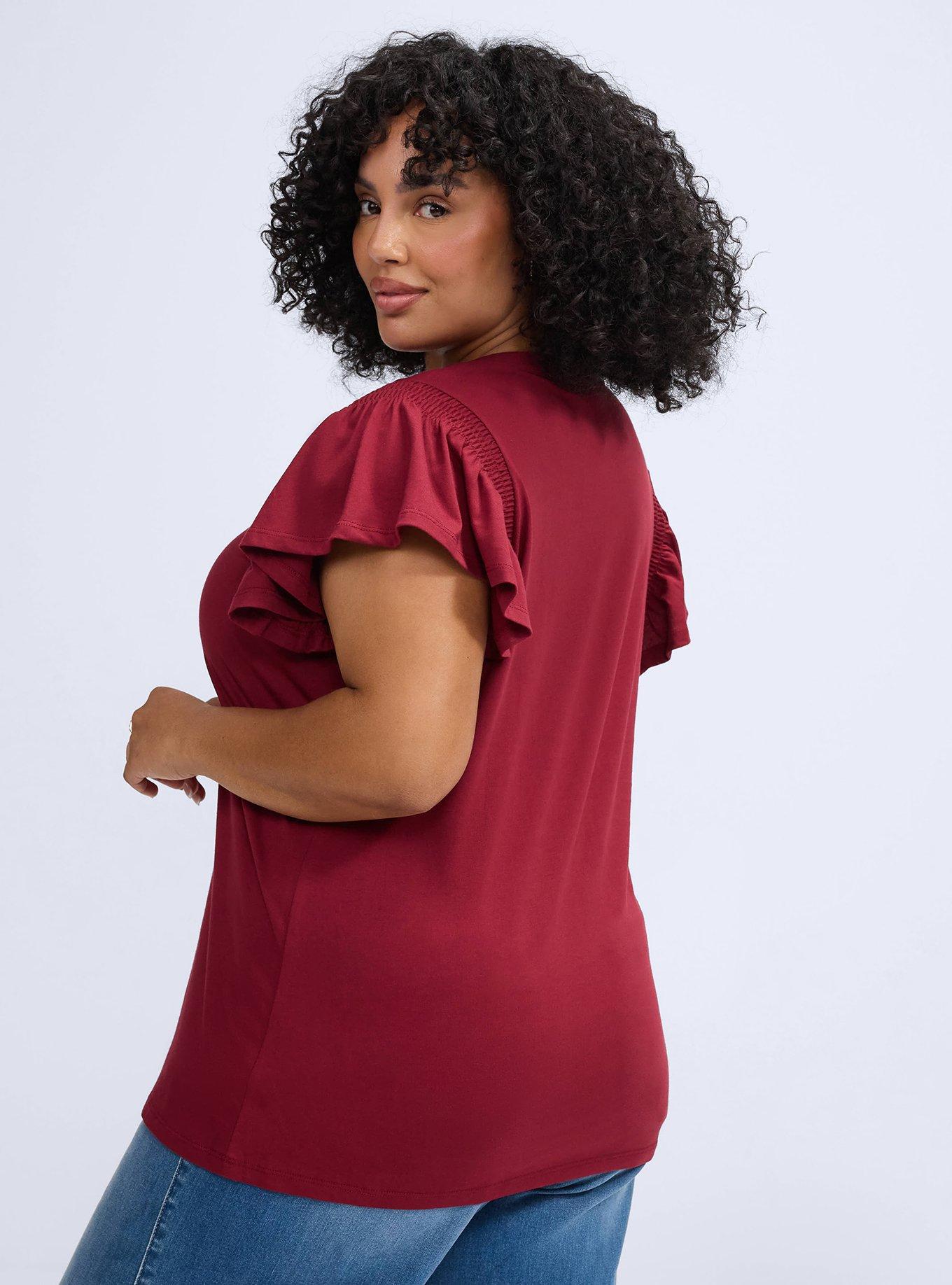 Belle Isle Split Neck Flutter Sleeve Tee, TIBETAN RED, alternate