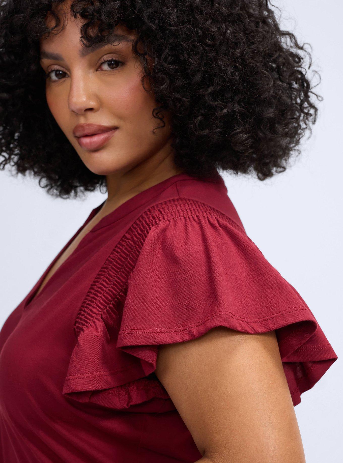 Belle Isle Split Neck Flutter Sleeve Tee, TIBETAN RED, alternate