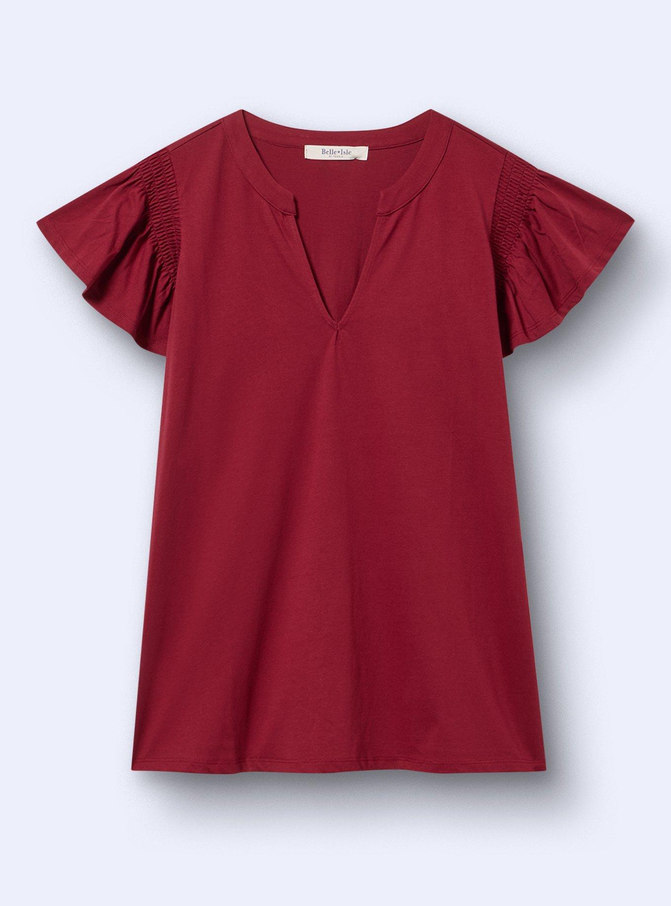 Belle Isle Split Neck Flutter Sleeve Tee, TIBETAN RED, flat