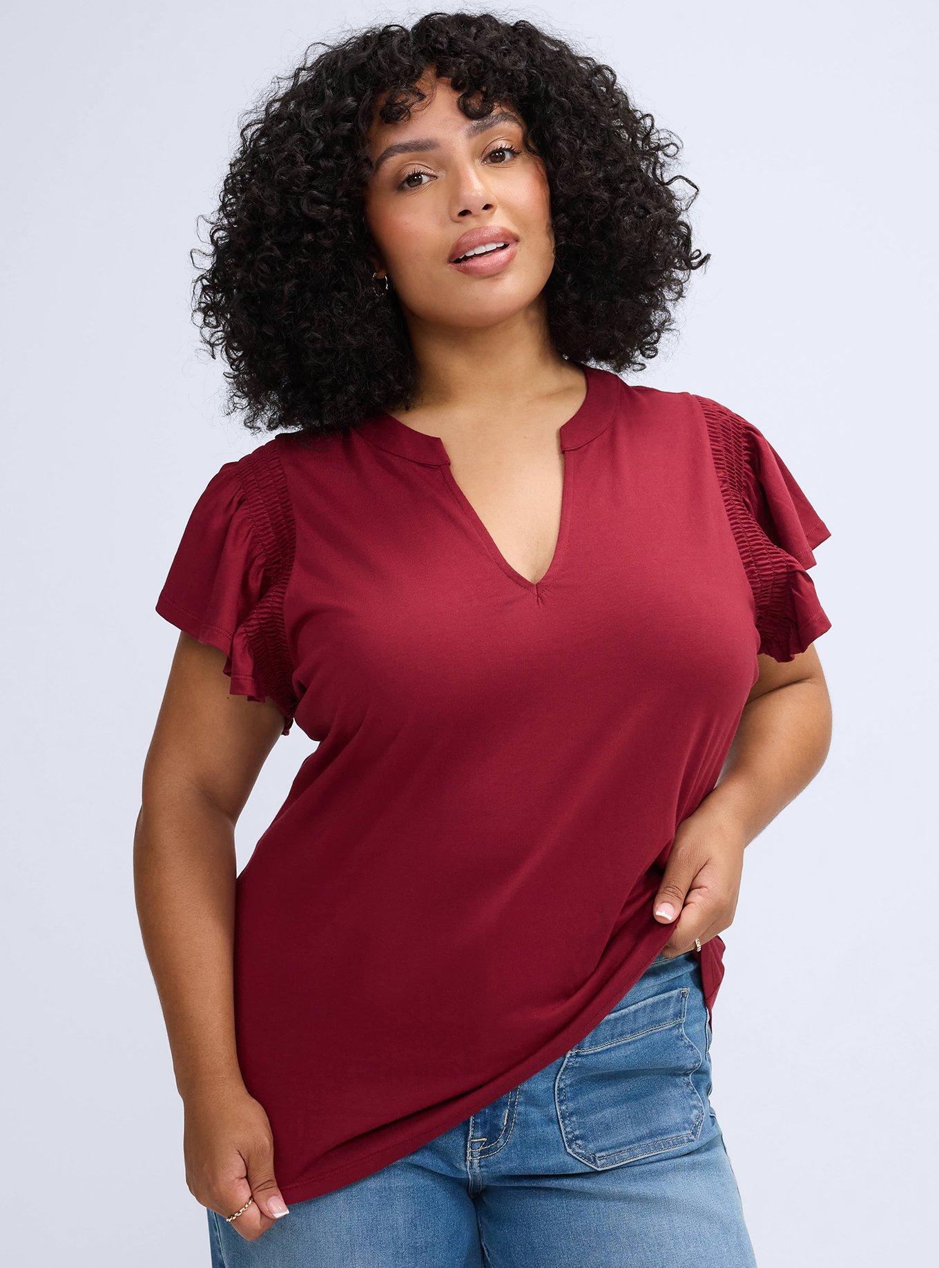 Belle Isle Split Neck Flutter Sleeve Tee, TIBETAN RED, hi-res