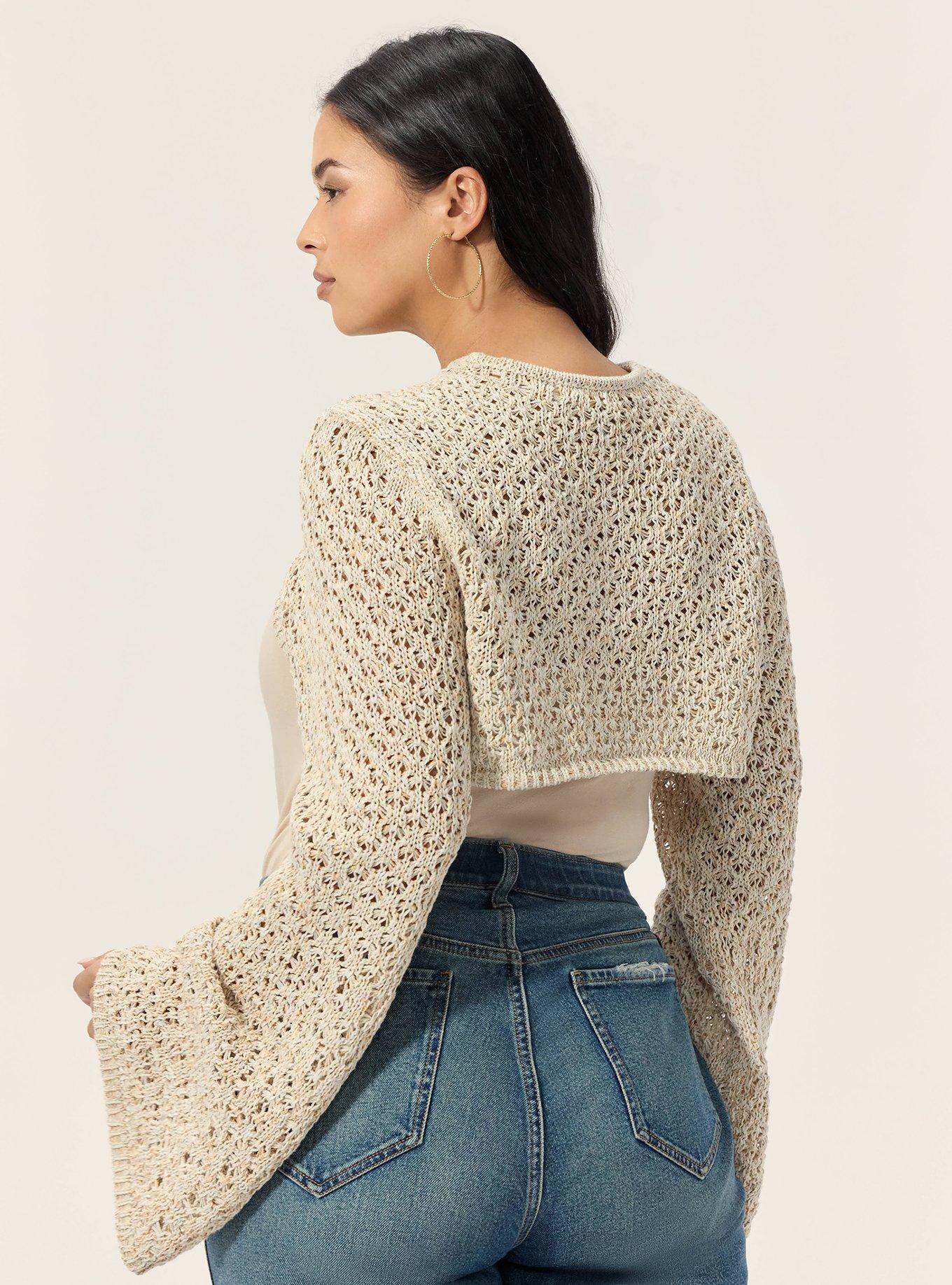 Plus Size Festi Cropped Bell Sleeve Sweater, OPEN DROP STITCH BEIGE, alternate
