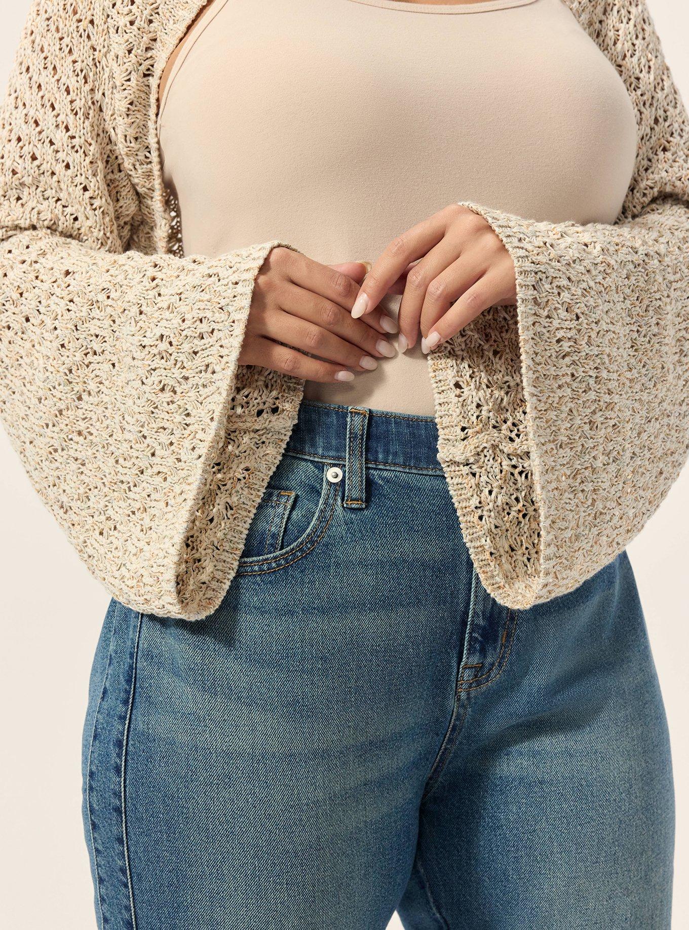 Plus Size Festi Cropped Bell Sleeve Sweater, OPEN DROP STITCH BEIGE, alternate