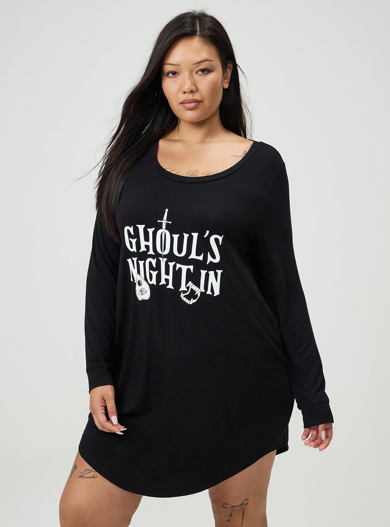 Plus Size Super Soft Long Sleeve Sleep Gown, GHOULS NIGHT BLACK, alternate