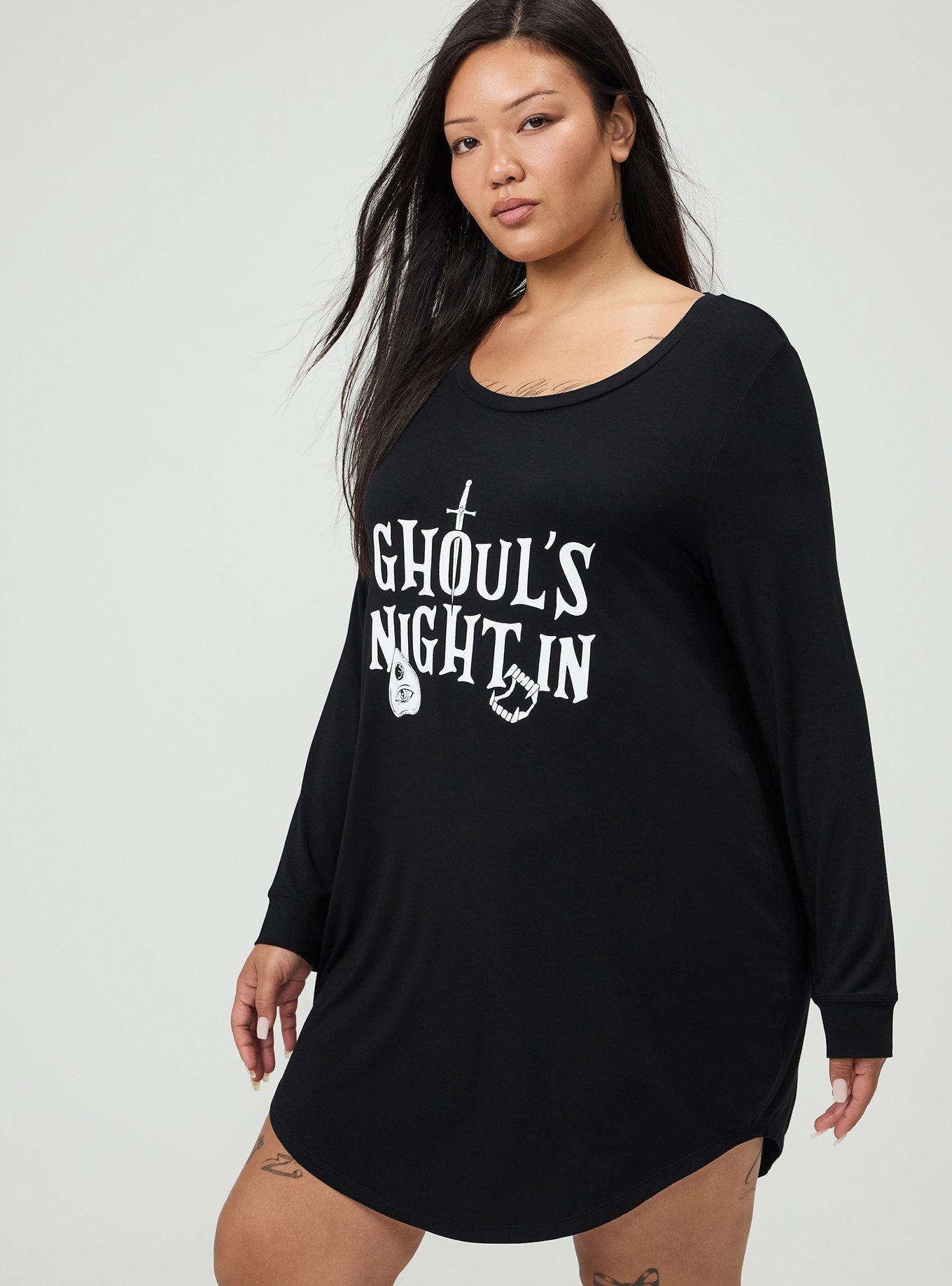 Plus Size Super Soft Long Sleeve Sleep Gown, GHOULS NIGHT BLACK, alternate