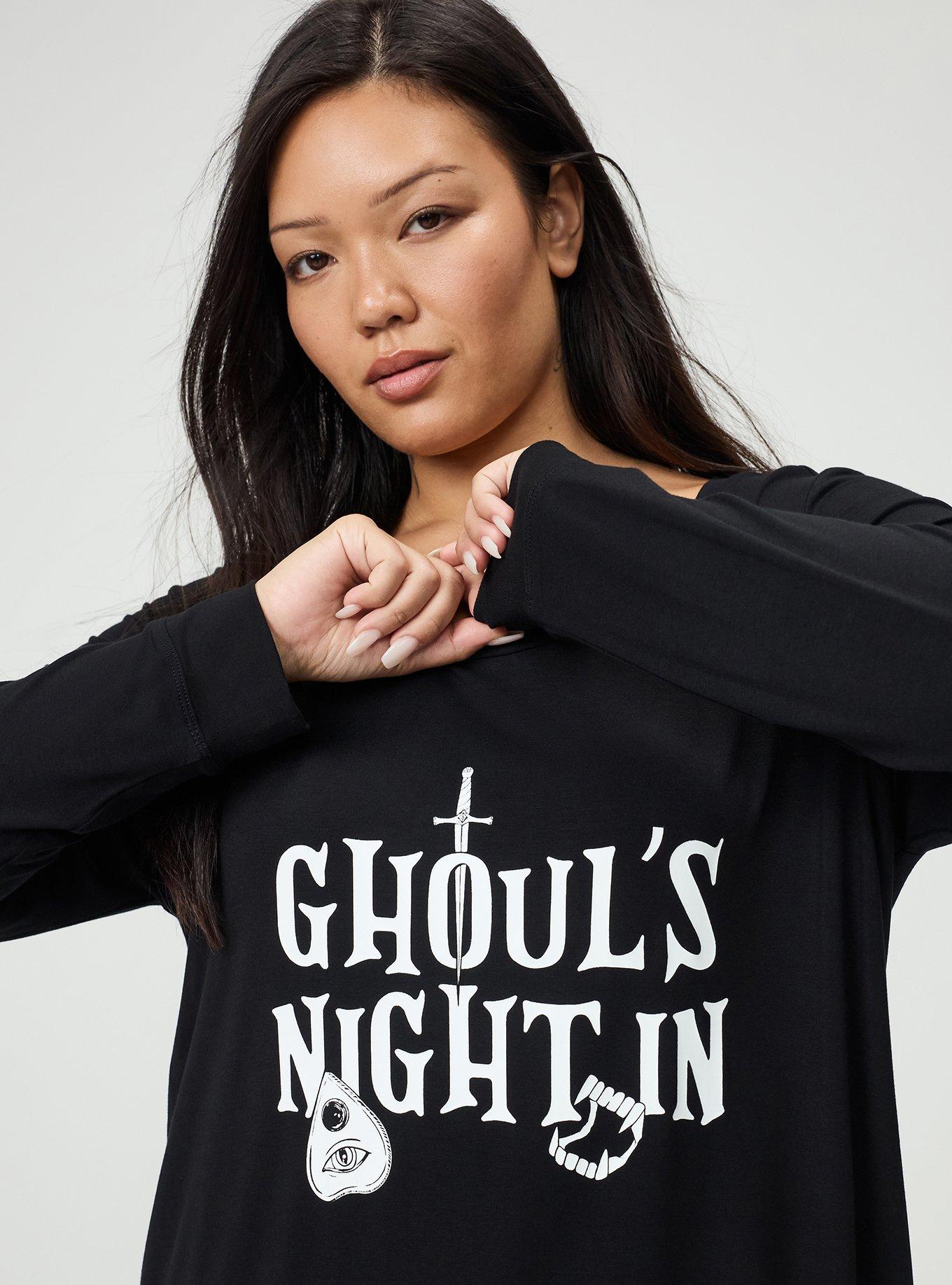 Plus Size Super Soft Long Sleeve Sleep Gown, GHOULS NIGHT BLACK, alternate