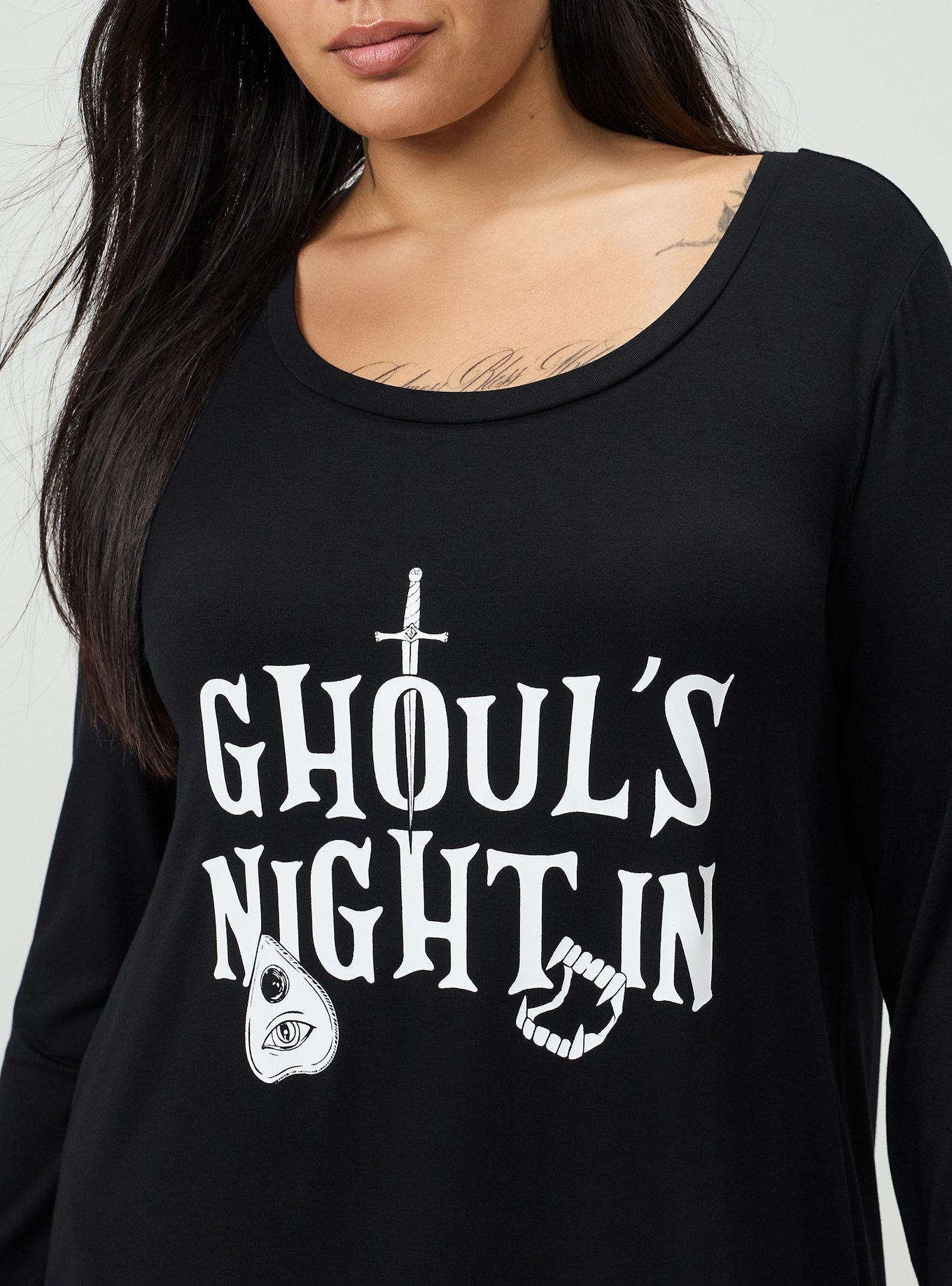 Plus Size Super Soft Long Sleeve Sleep Gown, GHOULS NIGHT BLACK, alternate