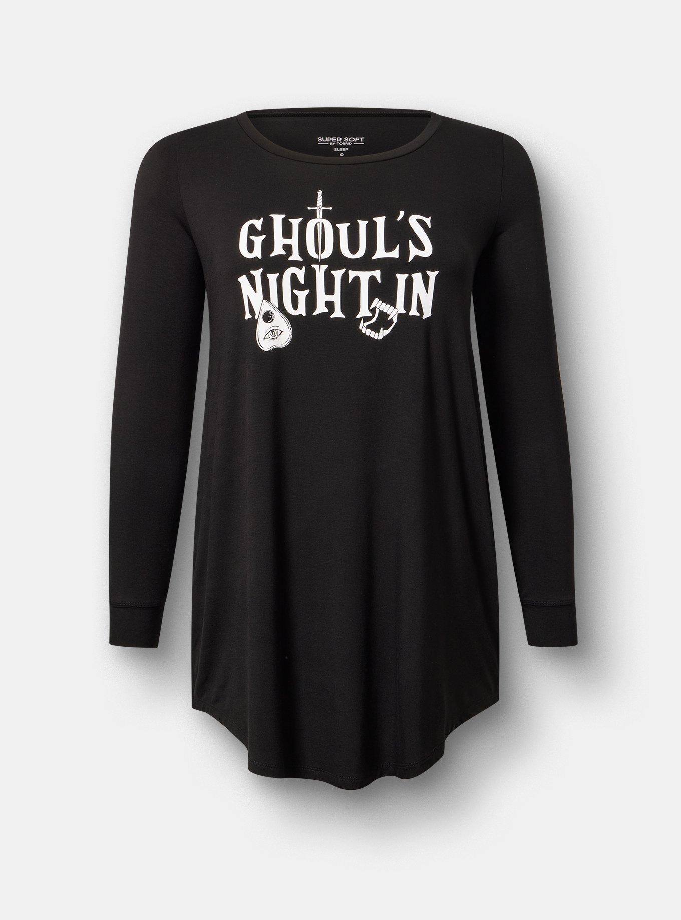 Plus Size Super Soft Long Sleeve Sleep Gown, GHOULS NIGHT BLACK, flat